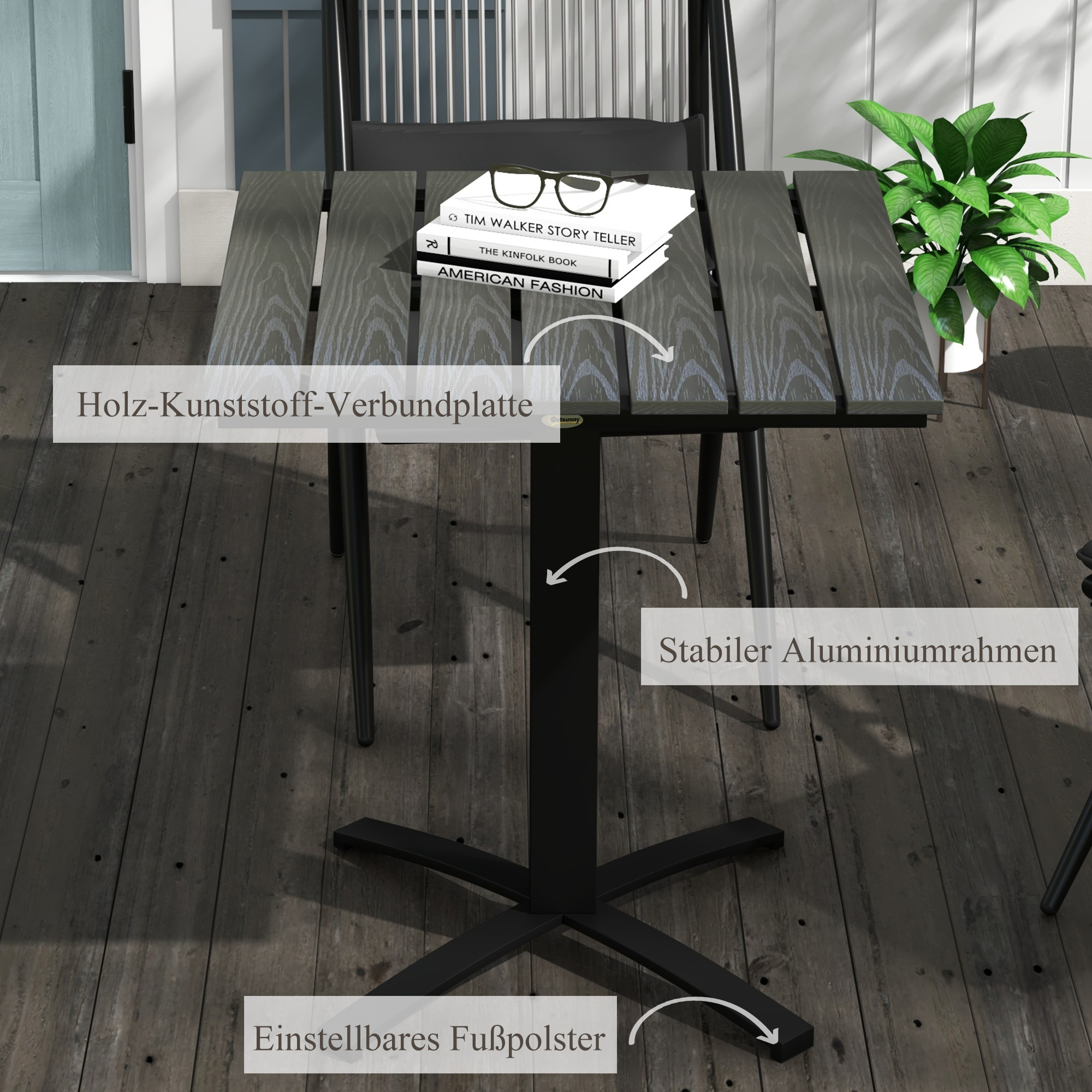 Outsunny Terrastafel, voor 4 personen, houtlook, aluminium frame, 70 x 70 x 76 cm, Grijs