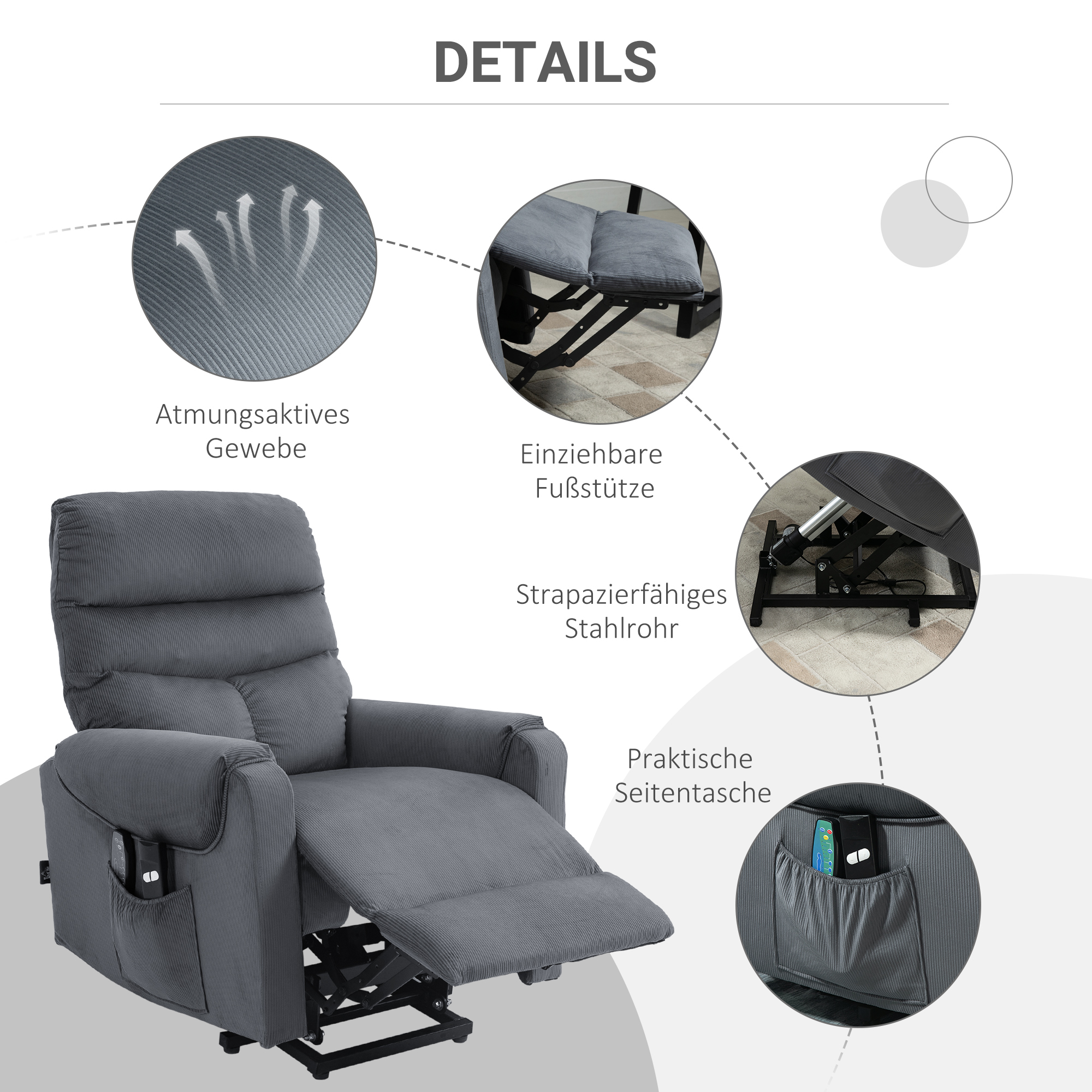 HOMCOM tv-stoel met massagefunctie opstahulp afstandsbediening, verwarming elektrisch ligfunctie polyester stof metaal donkergrijs 79 x 97 x 103 cm