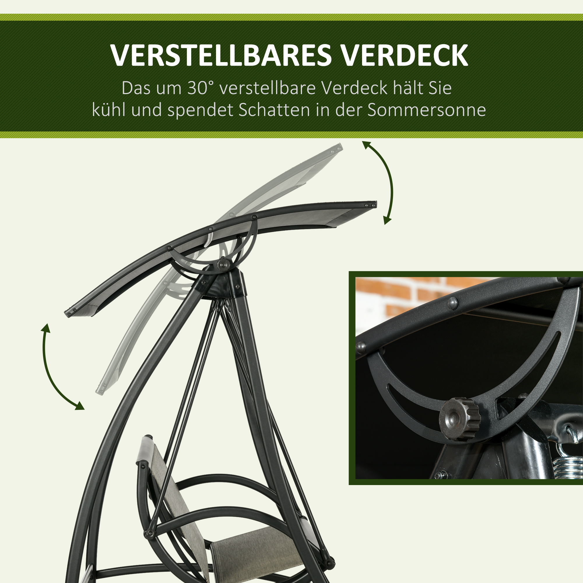 Outsunny Schommelbank voor 3 personen, verstelbaar dak, weerbestendig, stalen frame, zwart/bruin