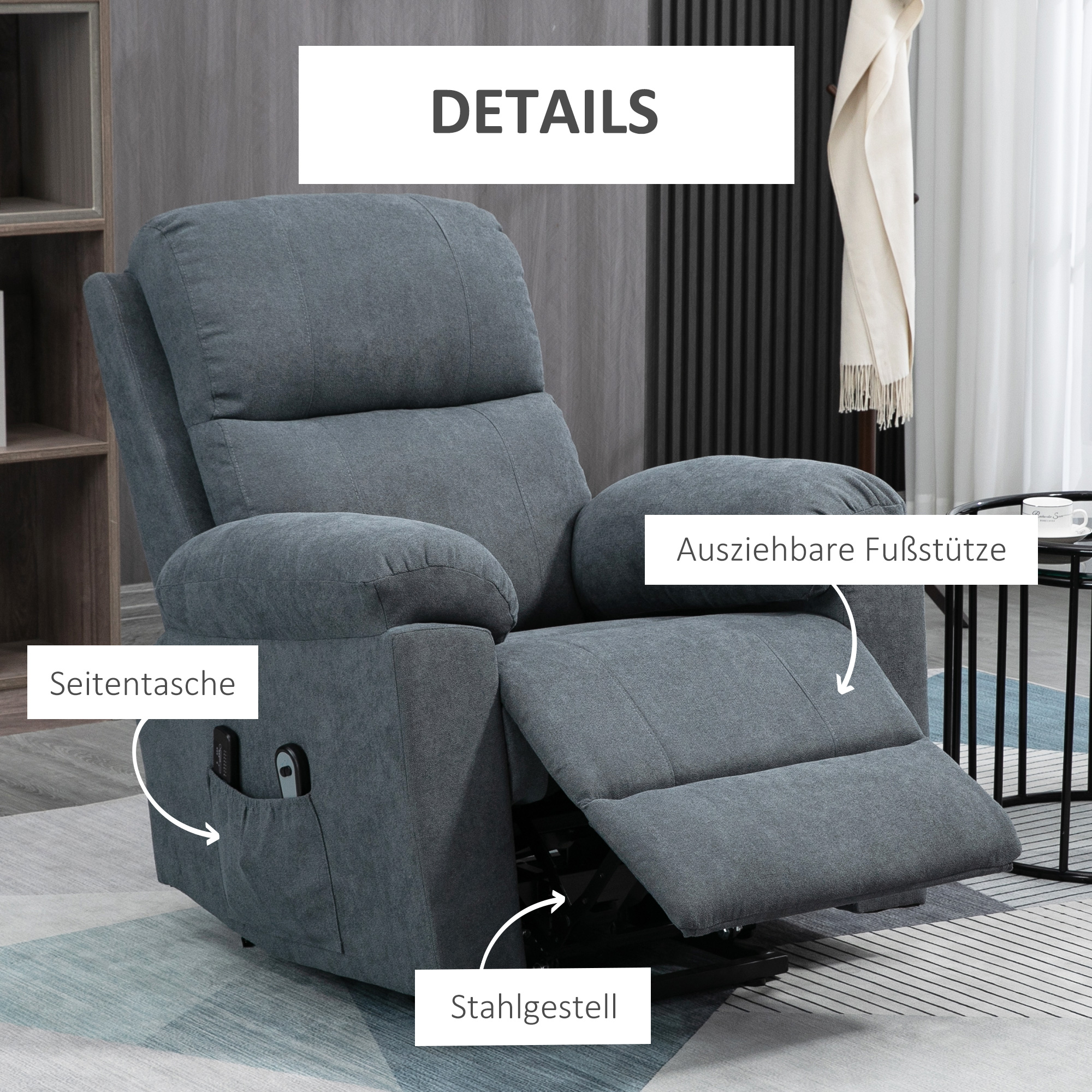 HOMCOM Massagestoel met opstaan hulp, 8 vibratiemotoren, inclusief afstandsbediening, donkergrijs