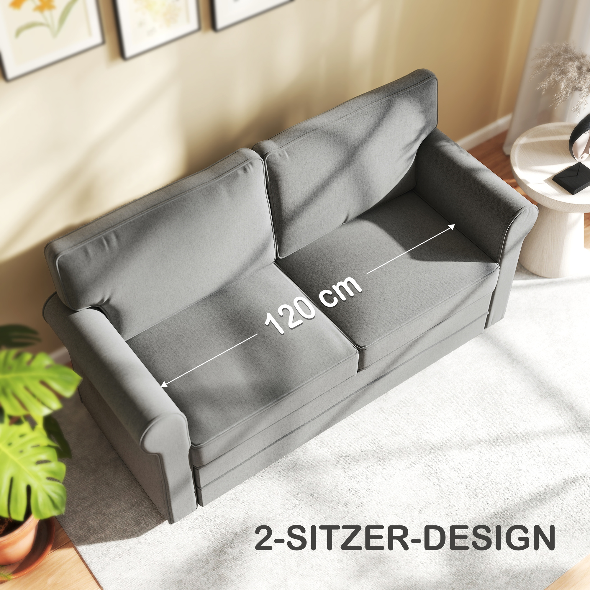 HOMCOM 2-zitsbank, Compacte Woonkamerbank, Stof in Linnenlook, Zachte Zitkussens, Stalen Frame, Donkergrijs