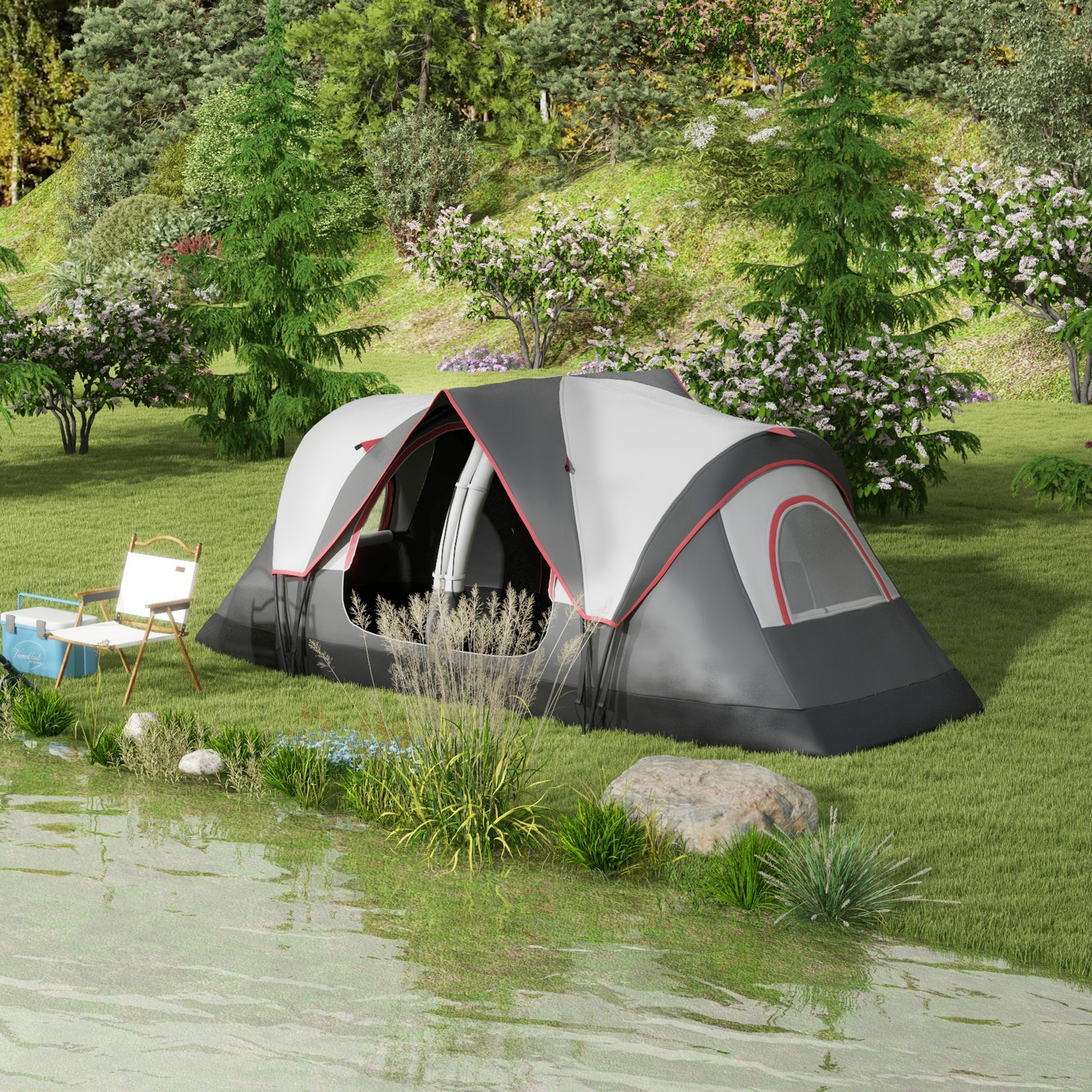 Outsunny Campingtent, 2 Kamers, Scheidingswand, voor 6 Personen, Regenbescherming, Grijs