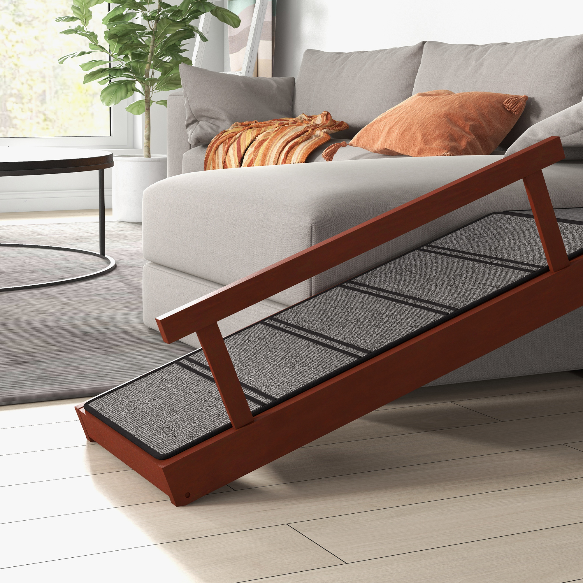 PawHut Huisdierloopplank, Afneembare Leuningen, Antislip, Grenenhout, tot 30 kg, 125x40x56cm, Bruin/Grijs