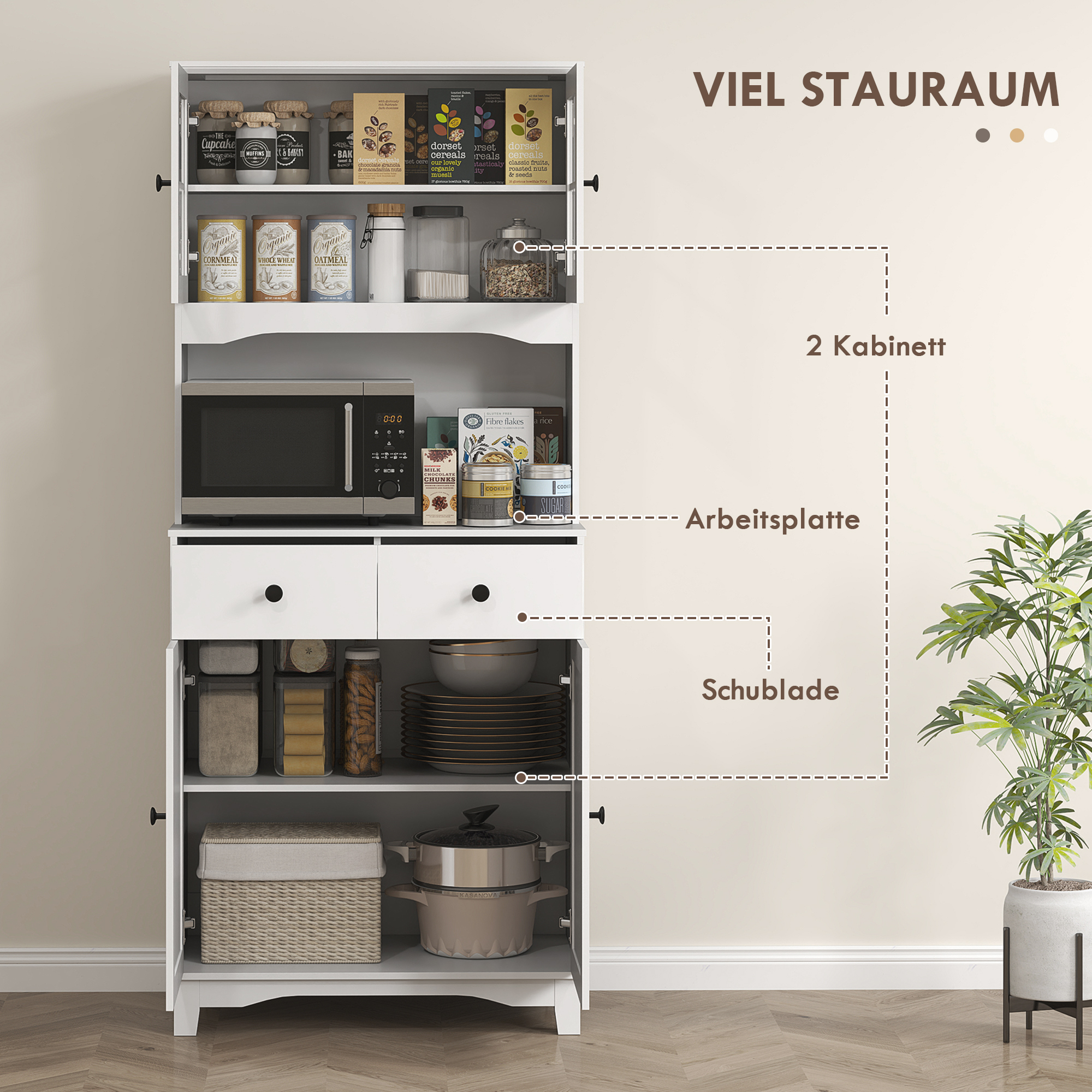 HOMCOM Vrijstaande Keukenkast met Werkblad voor Magnetron, Koffiezetapparaat, Kasten, Glazen Deuren, Wit