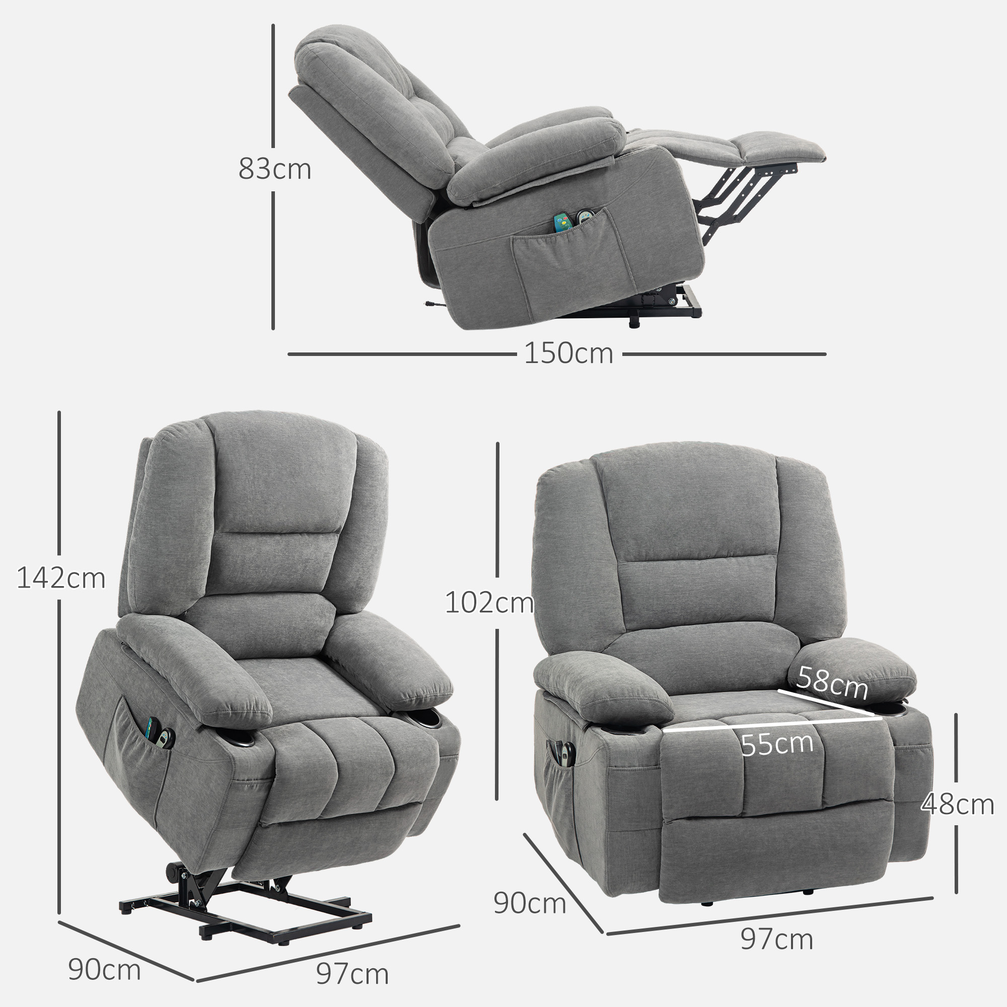 HOMCOM Elektrische Relaxstoel met Sta-op Hulp, Massagesstoel met Verwarmingsfuncties, 2 Afstandsbedieningen, Zacht Schuim