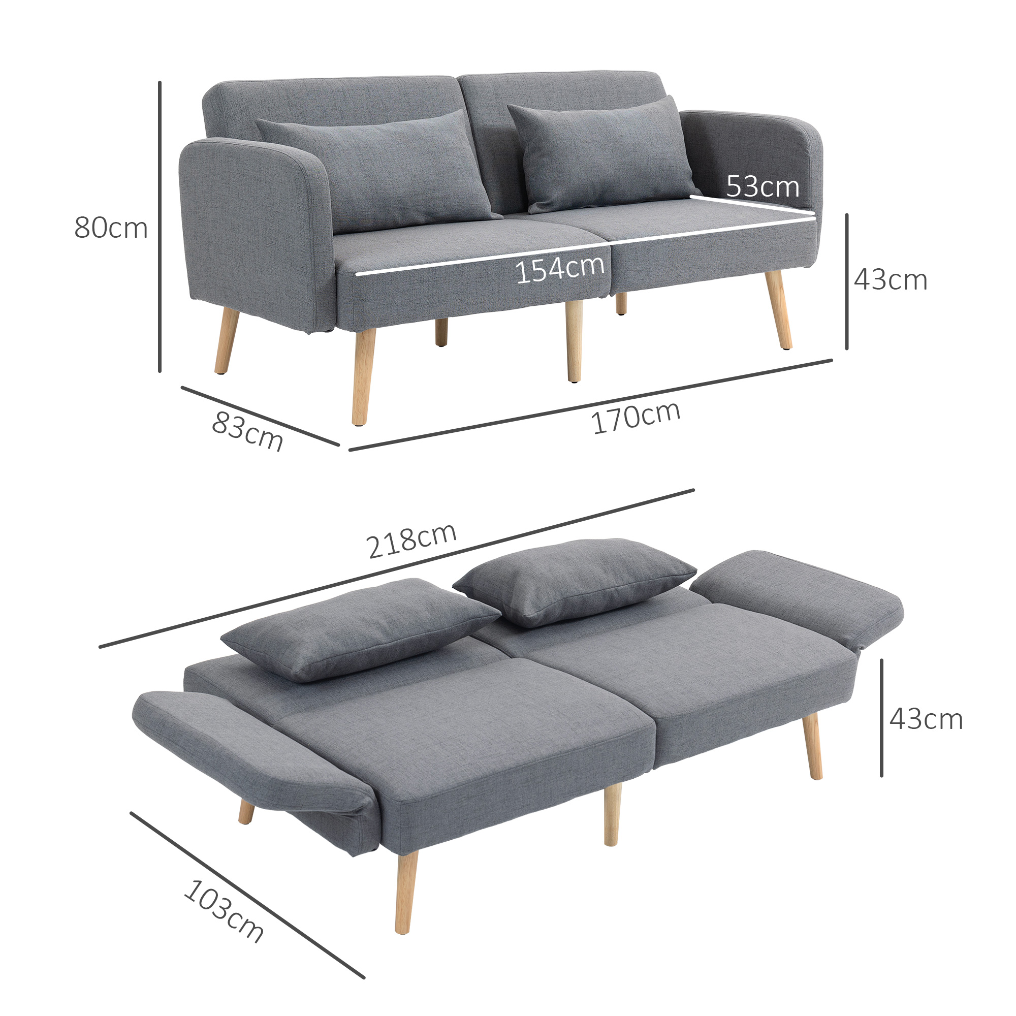 HOMCOM 3-Zits Slaapbank, Gasten Tweepersoonsbed, tot 240 kg, Opklapbare Leuningen, Houten Frame, 170 x 83 x 80 cm, Grijs