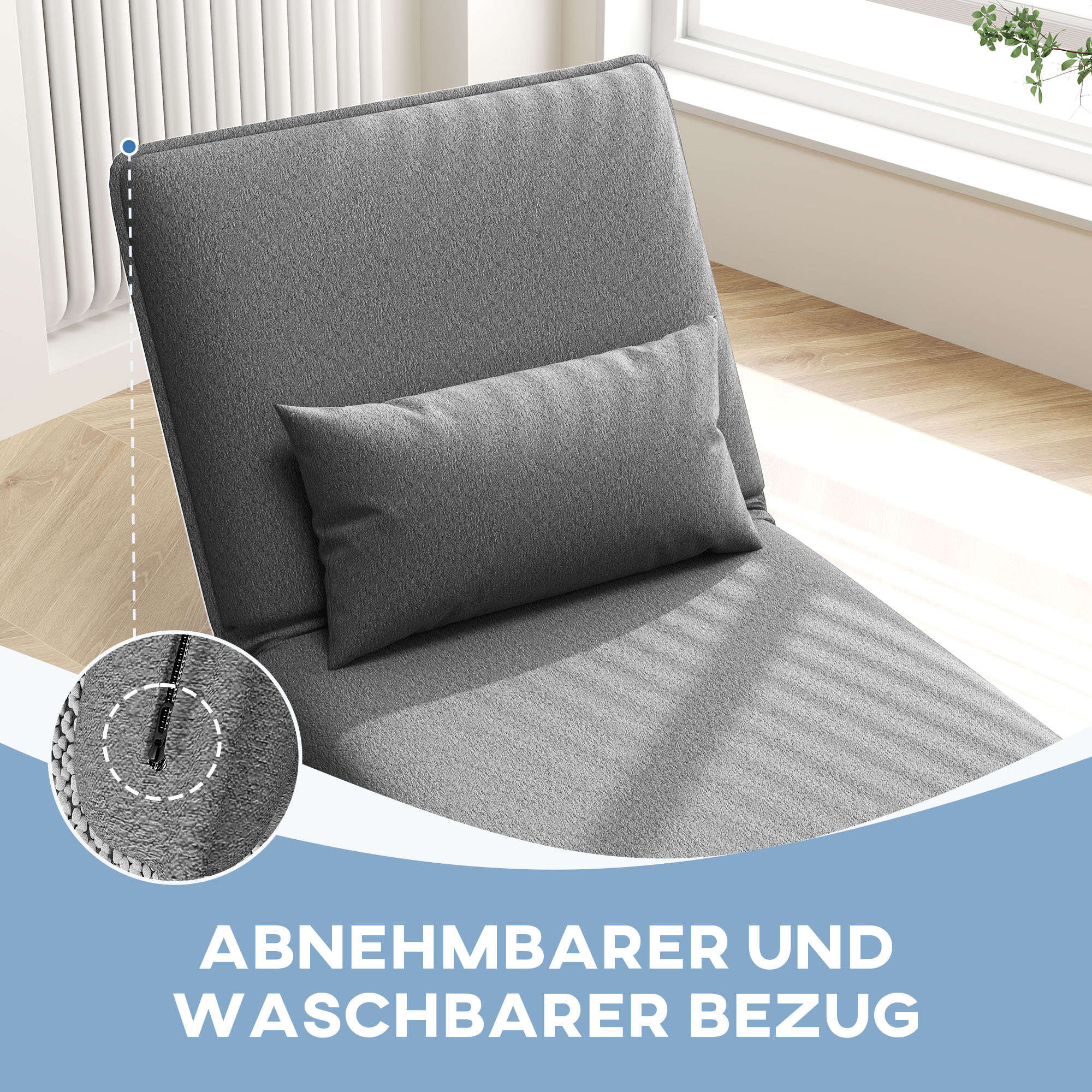HOMCOM Vloerstoel, 3-in-1 Ontwerp, Verstelbare Vloerstoel, Chaise Longue voor Woonkamer, Slaapkamer, Gastenkamer, Kantoor, Grijs