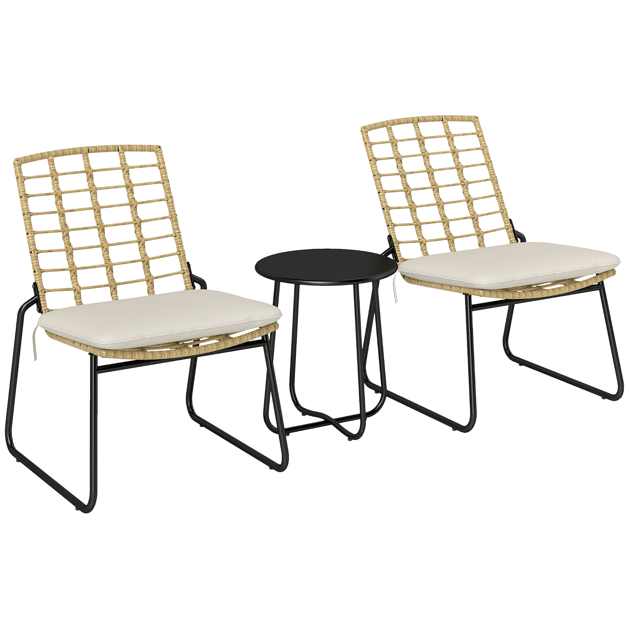 Outsunny 3-delig Tuinmeubelset, 2 Rattan Stoelen, 1 Tafel met Metalen Blad, Zitkussens, Bistroset, Beige & Bruin
