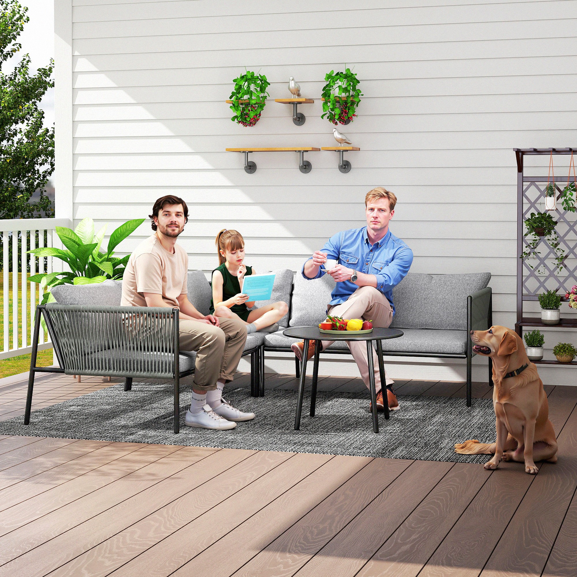 Outsunny Tuinmeubelset Rattan Loungeset met Hoekbank, Tafel en Kussens voor 6 Personen Donkergrijs