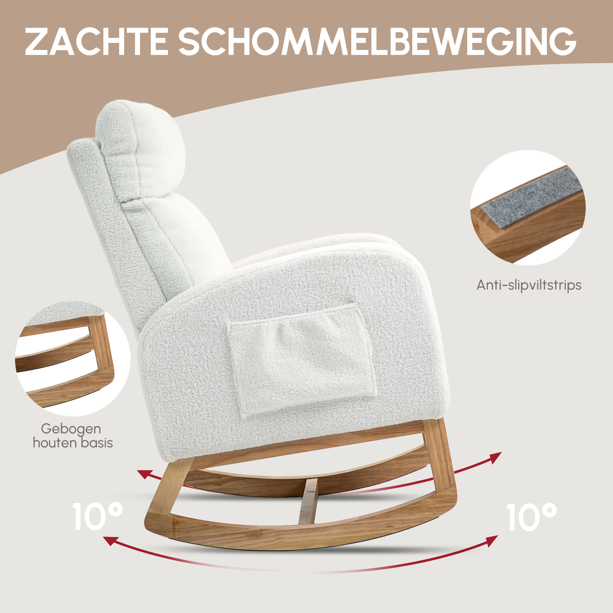 HOMCOM Schommelstoel, Relaxstoel, Dikke Vulling, Knusse Bekleding, Houten Frame, tot 120 kg Draagvermogen, Crèmewit