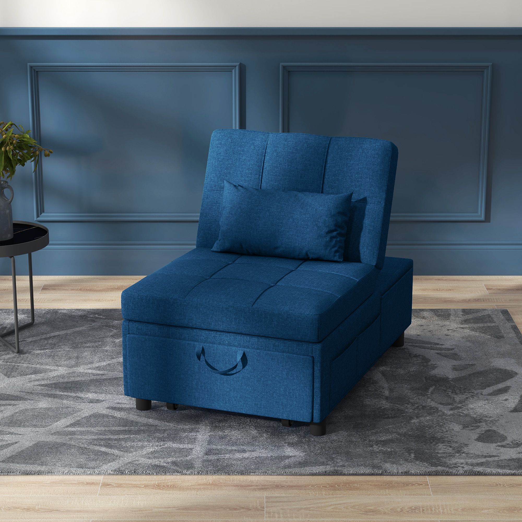 HOMCOM 3-in-1 Opvouwbare Fauteuil met Zijvak, Gastenbed met Kussen, Verstelbare Rugleuning, Stoelbed met Wielen, Blauw