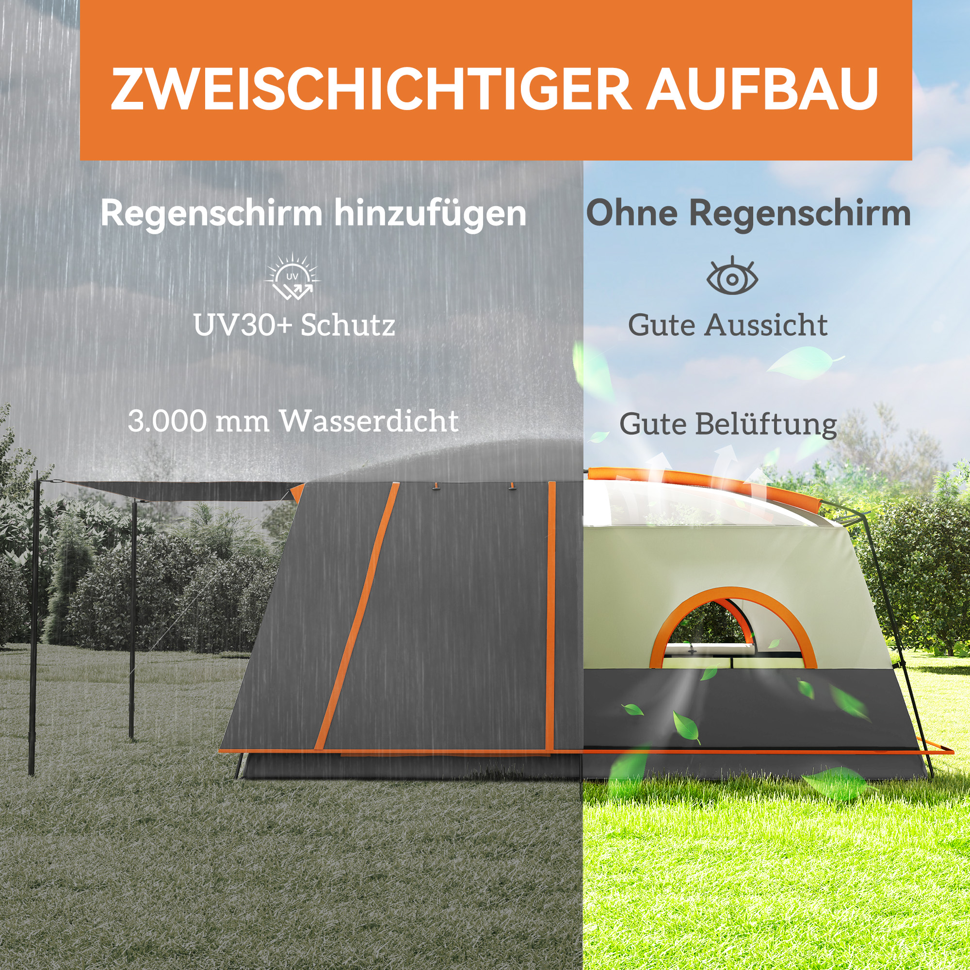 Outsunny Kampeertent voor 4-6 Personen - Waterdicht en Stevig Met Voorportaal en Grondzeil - Donkergrijs