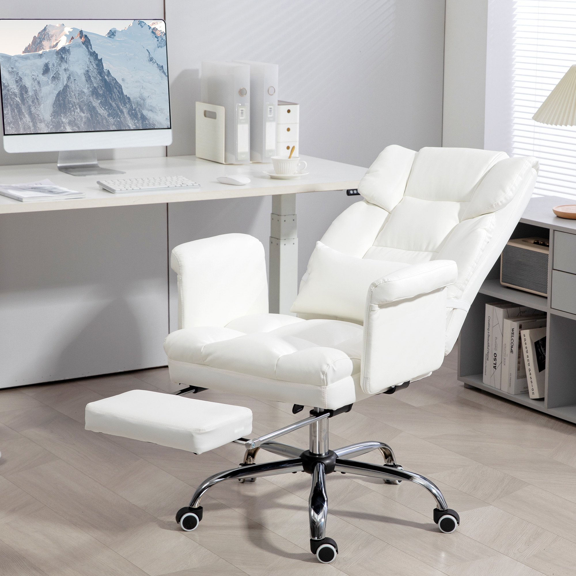 HOMCOM Ergonomische Bureaustoel, In Hoogte Verstelbaar 48-56 cm, Kantelbare Rugleuning, Voetsteun, Wit