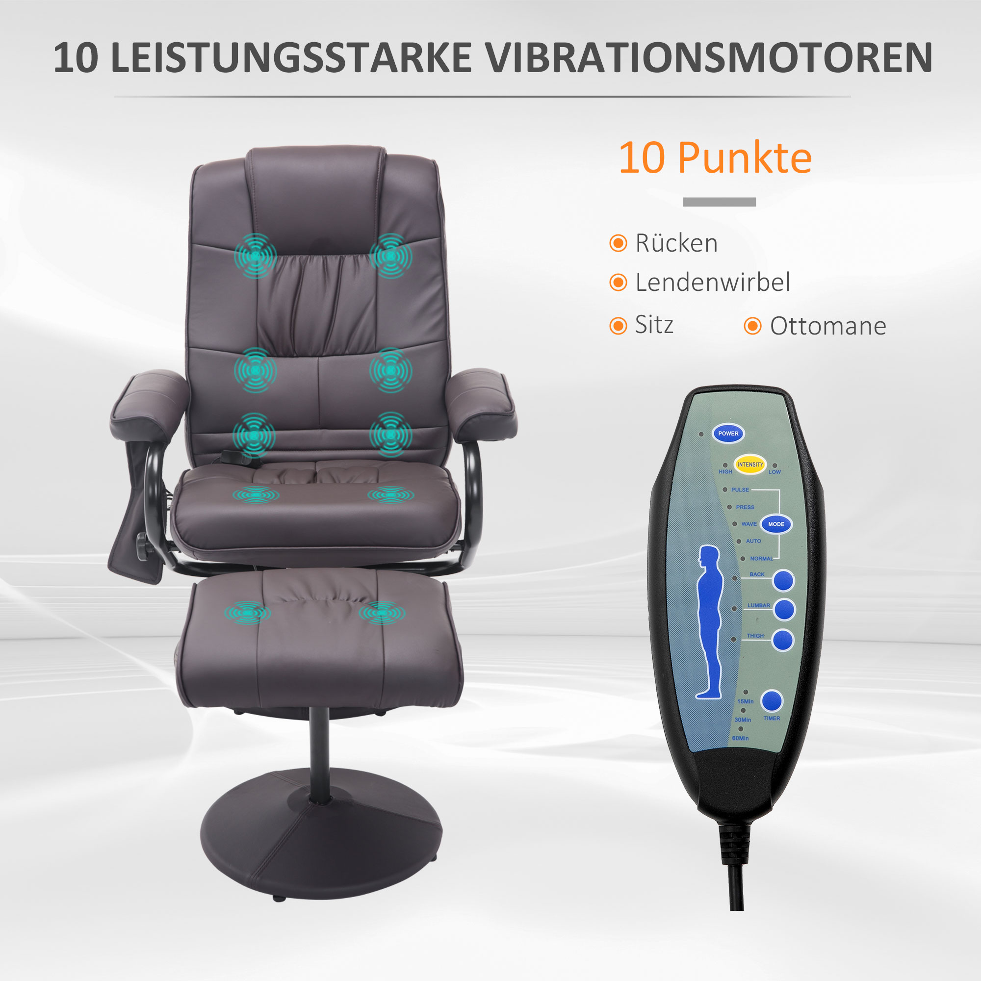 HOMCOM Massagesessel Relaxstoel, inclusief voetenbank, met 10 vibratiepunten en 1 afstandsbediening, 77 cm x 84 cm x 95 cm, bruin