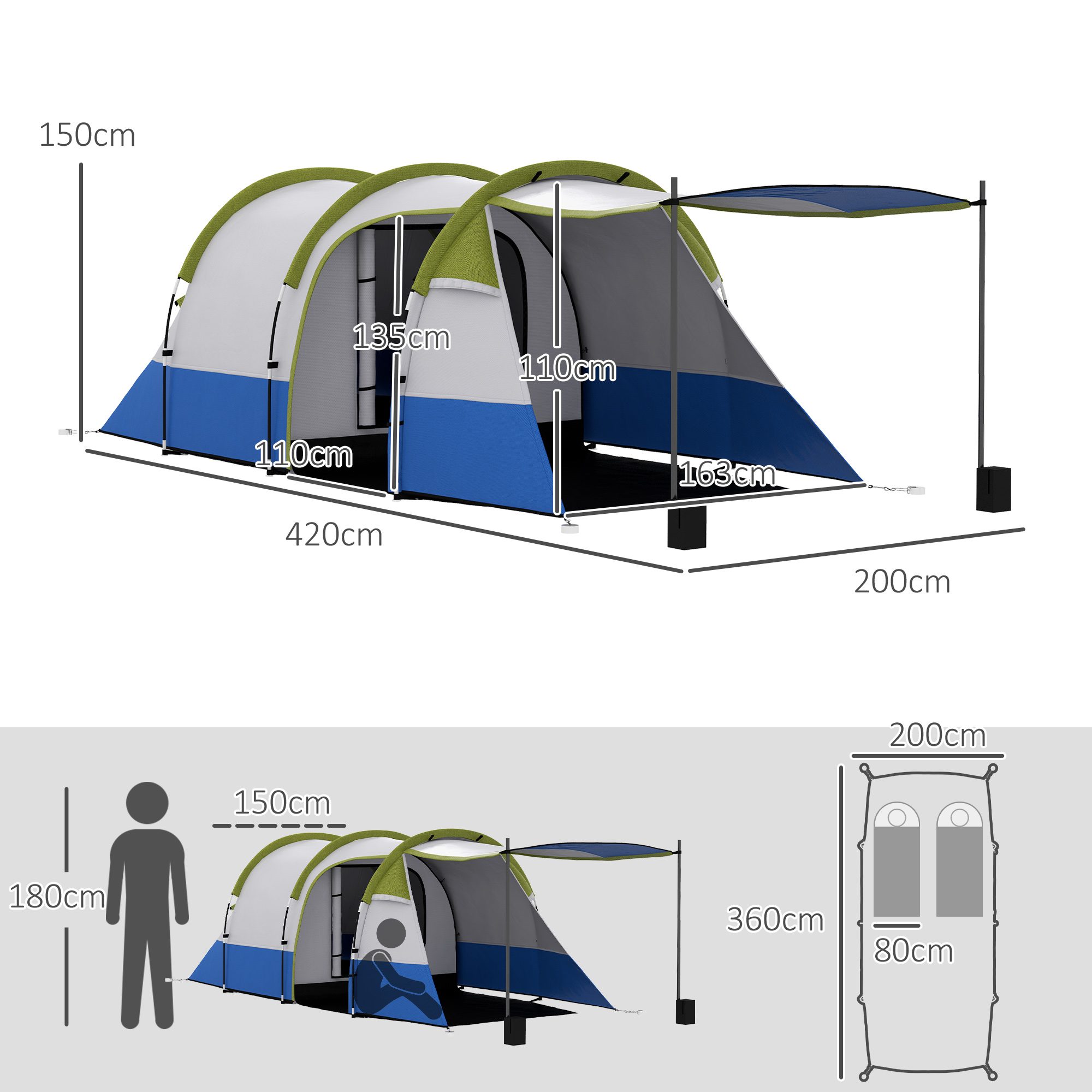 Outsunny Campingtent, voor 3 Personen, Lantaarnhaak, Drie Ingangen, Waterdicht, Groen