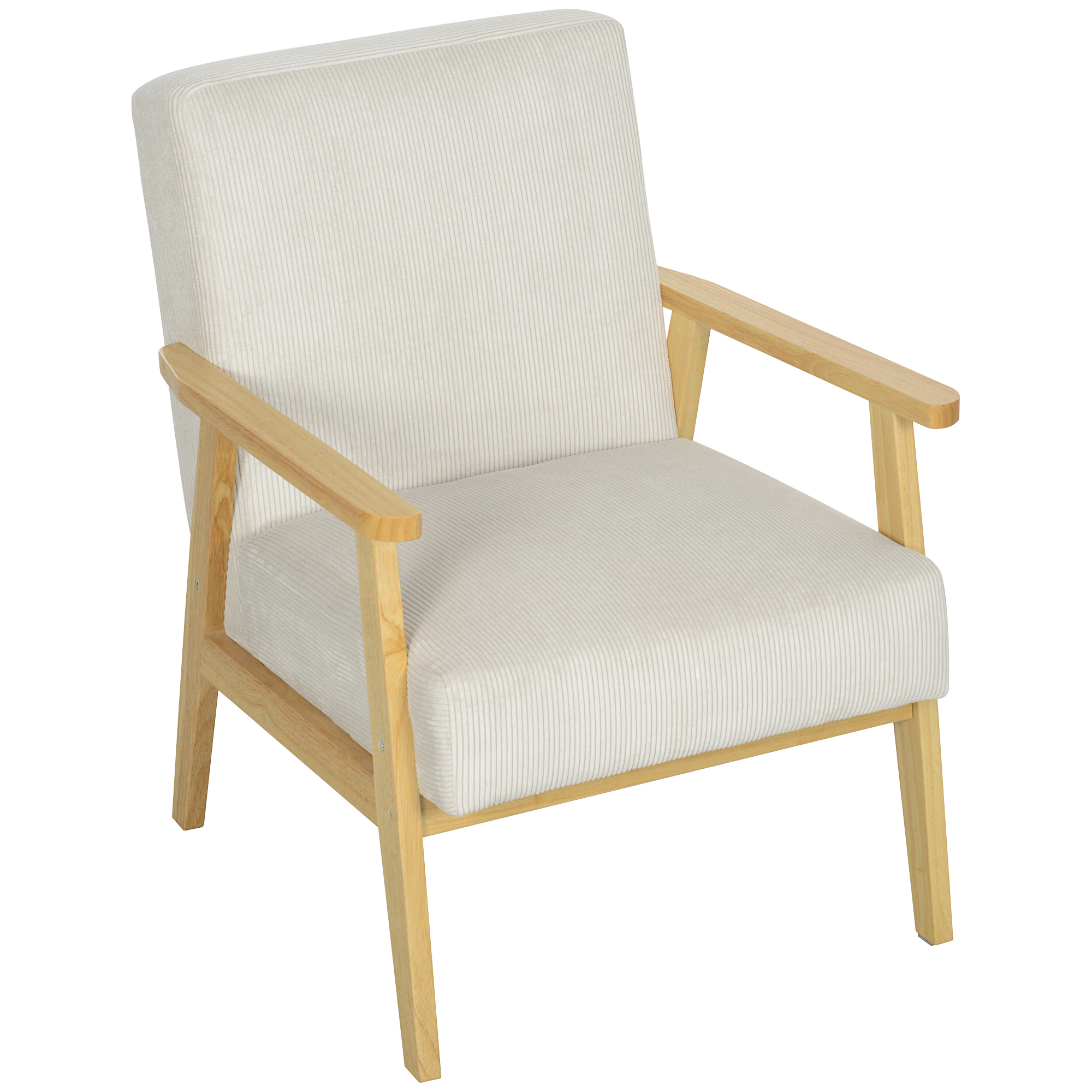 HOMCOM Moderne Fauteuil met Armleuningen, Stoffen Bekleding, van Rubberhout, Accentstoel, Draagvermogen 120 kg, Roomwit