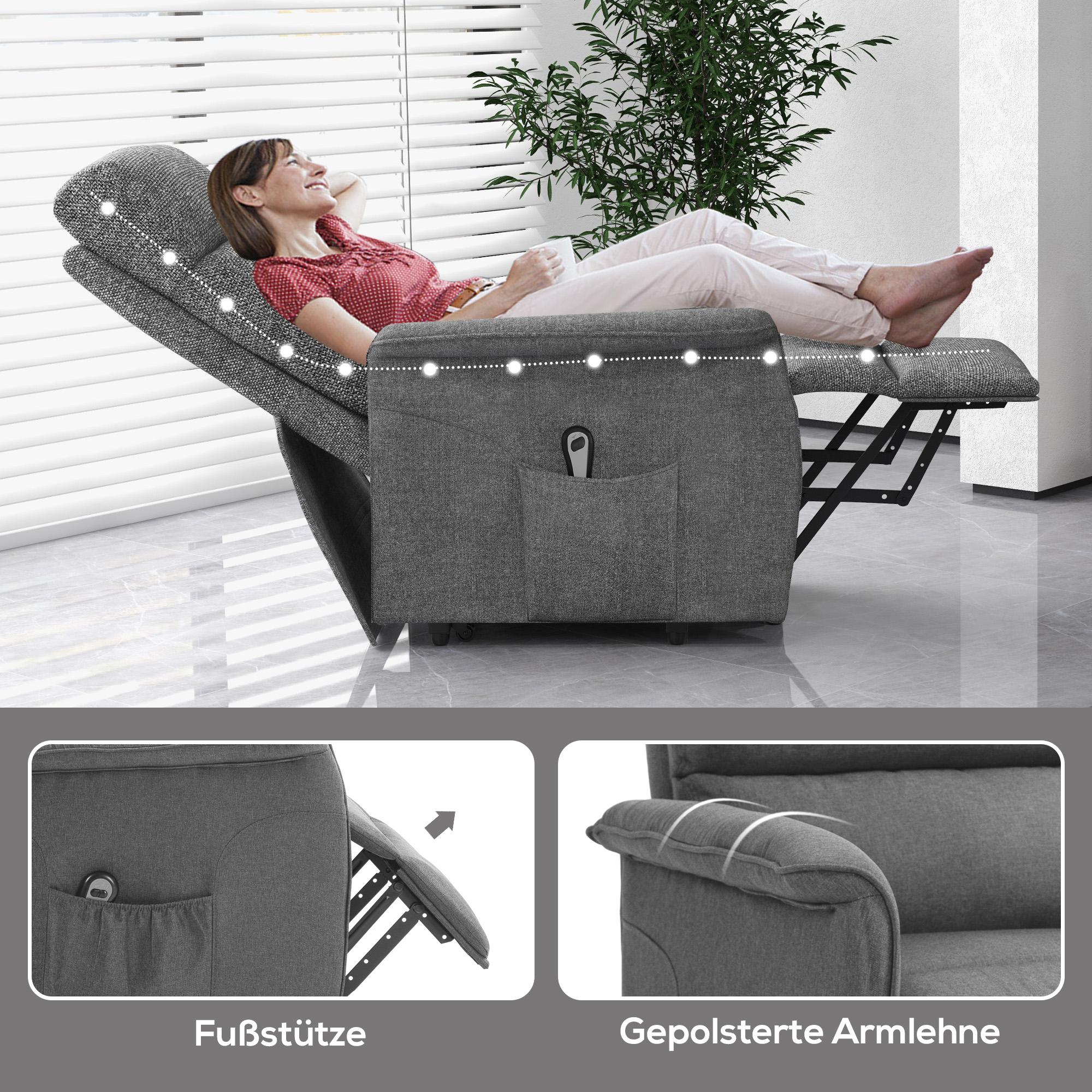 HOMCOM Relaxfauteuil met Elektrische Opstaanondersteuning, Verstelbare Rugleuning/Voetensteun, tot 120 kg, 66x90x96 cm, Grijs