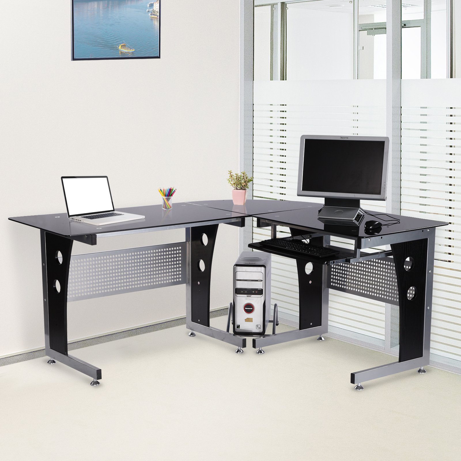HOMCOM Computertafel hoekschrijftafel PC-tafel kantoortafel met veiligheidsglas