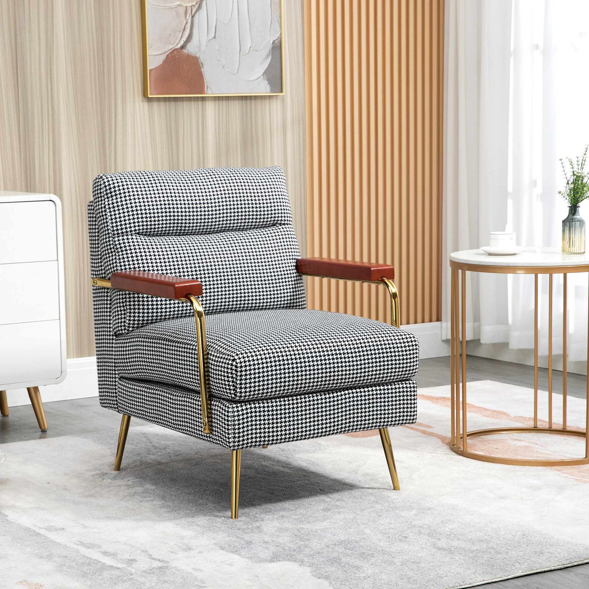 HOMCOM Fauteuil in retrodesign, accentstoel, pied-de-poulepatroon, houten elementen, binnenvering, zwart+wit