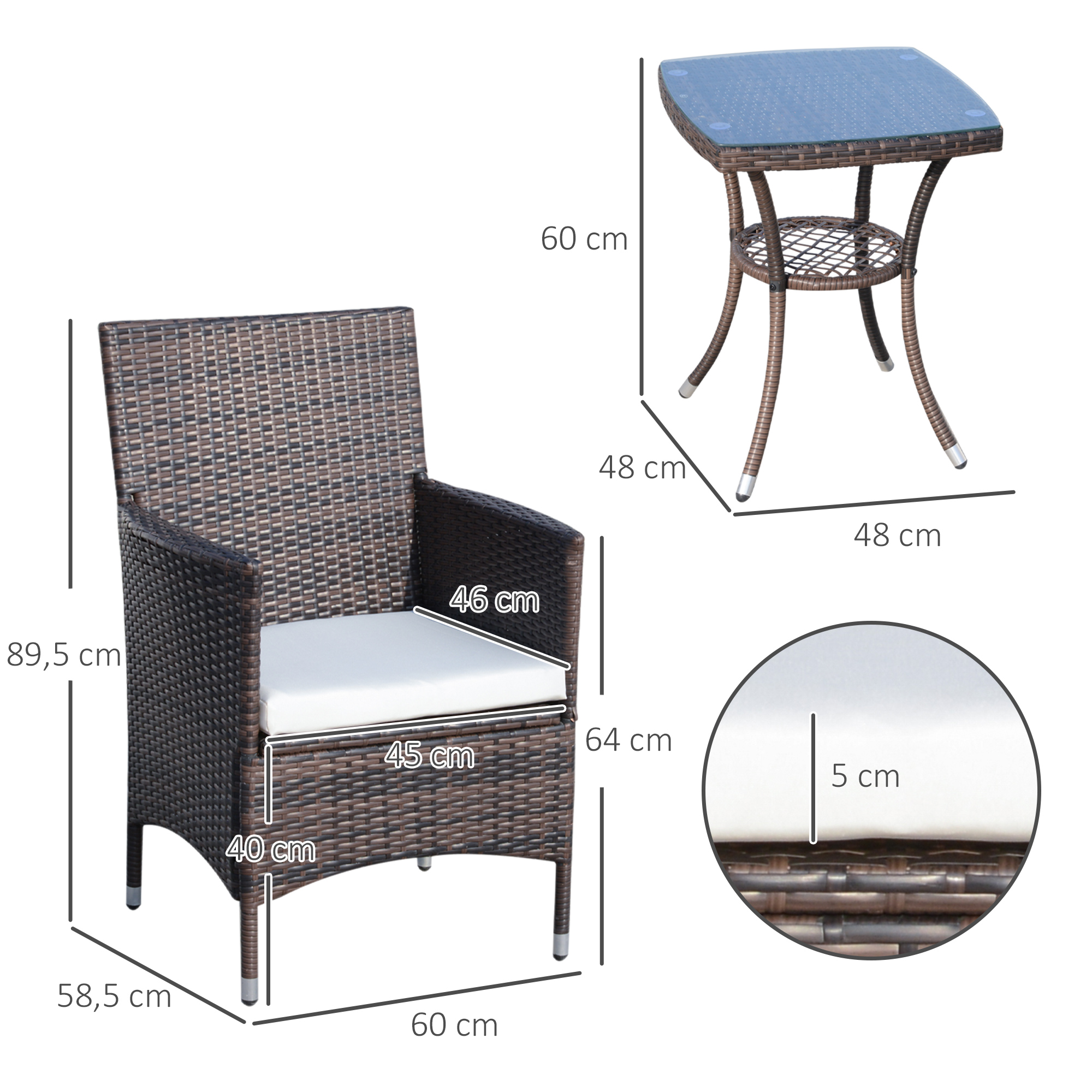 Outsunny 3-delige zitgroep voor in de tuin, rotan tuinset, poly-rotan, bruin