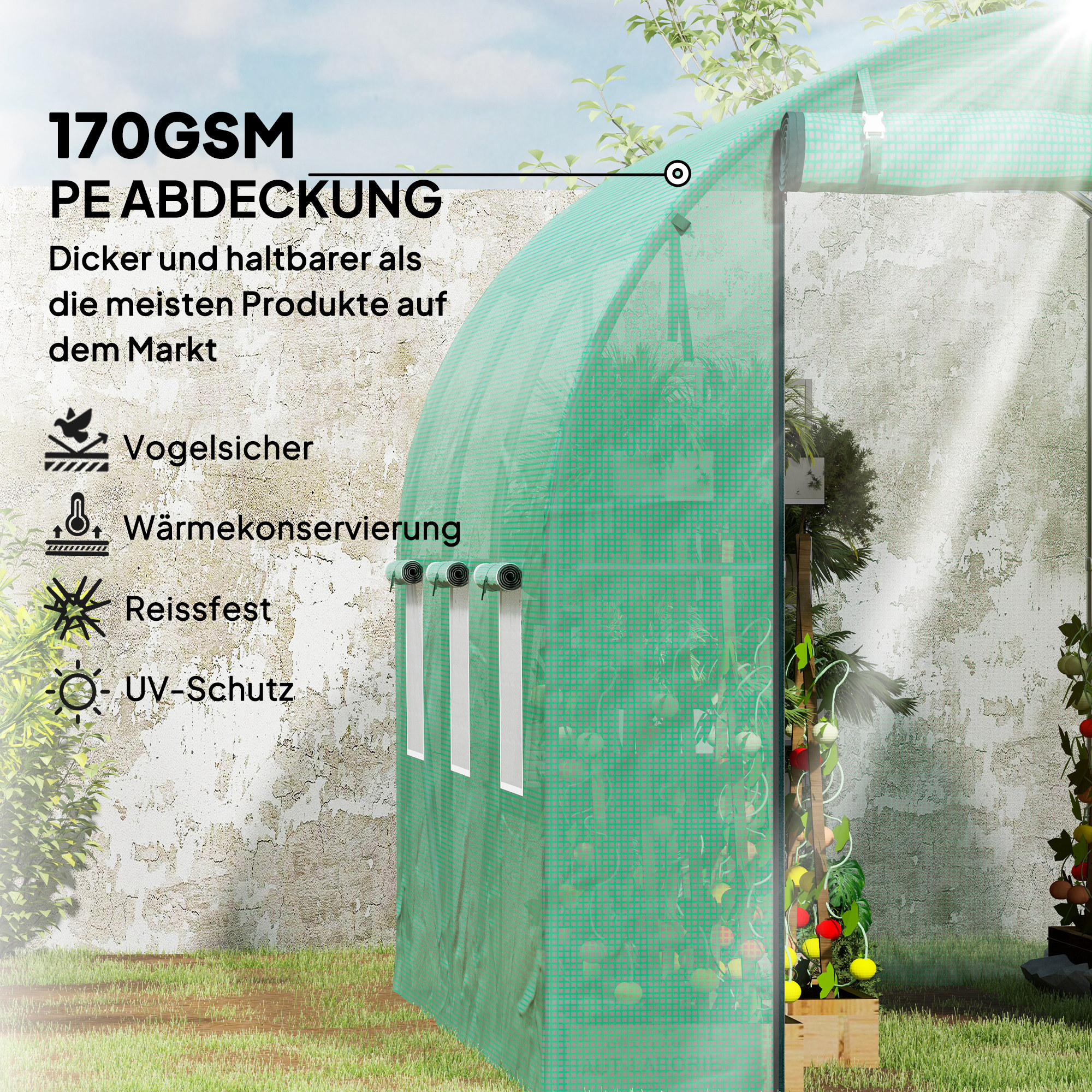 Outsunny Polytunnel Kas met Kunststof Afdekking en Stalen Frame, Beleefbare Kas met Roldeuren, Groen