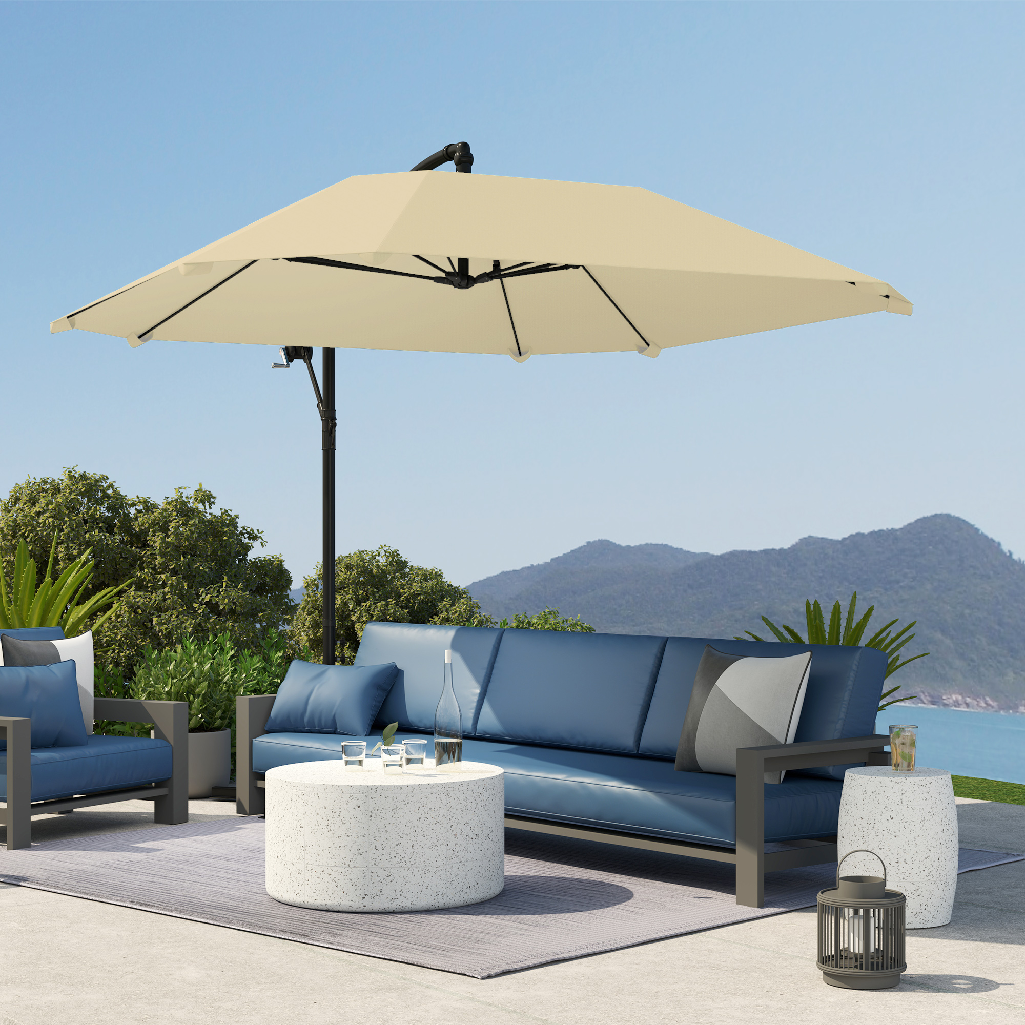 Outsunny Cantilever Parasol Alu Ø 260 cm, Waterdichte Slingerparasol met Standaard, Kruk, Beige