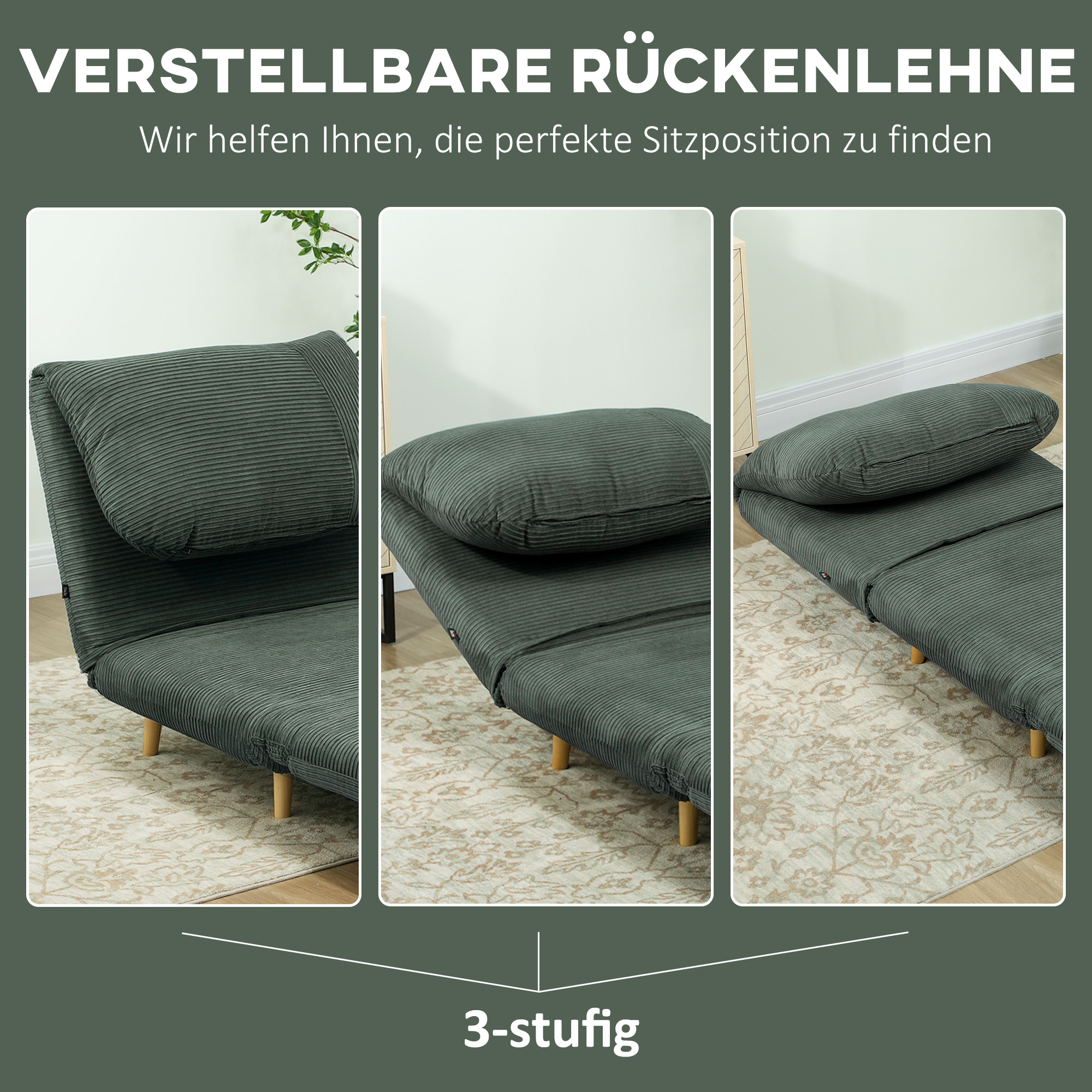 HOMCOM 2-in-1 Slaapfauteuil en Gastenbed, Verstelbare Hoofdsteun Ribfluweel 82 cm x 89 cm x 83 cm Groen