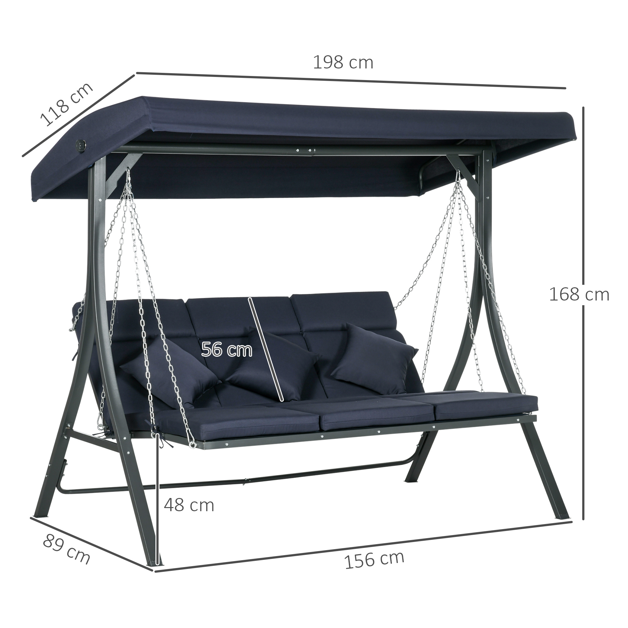 Outsunny Hollywood-schommel, voor 3 personen, verstelbaar zonnedak, tot 270 kg, donkerblauw, 198 x 118 x 168 cm
