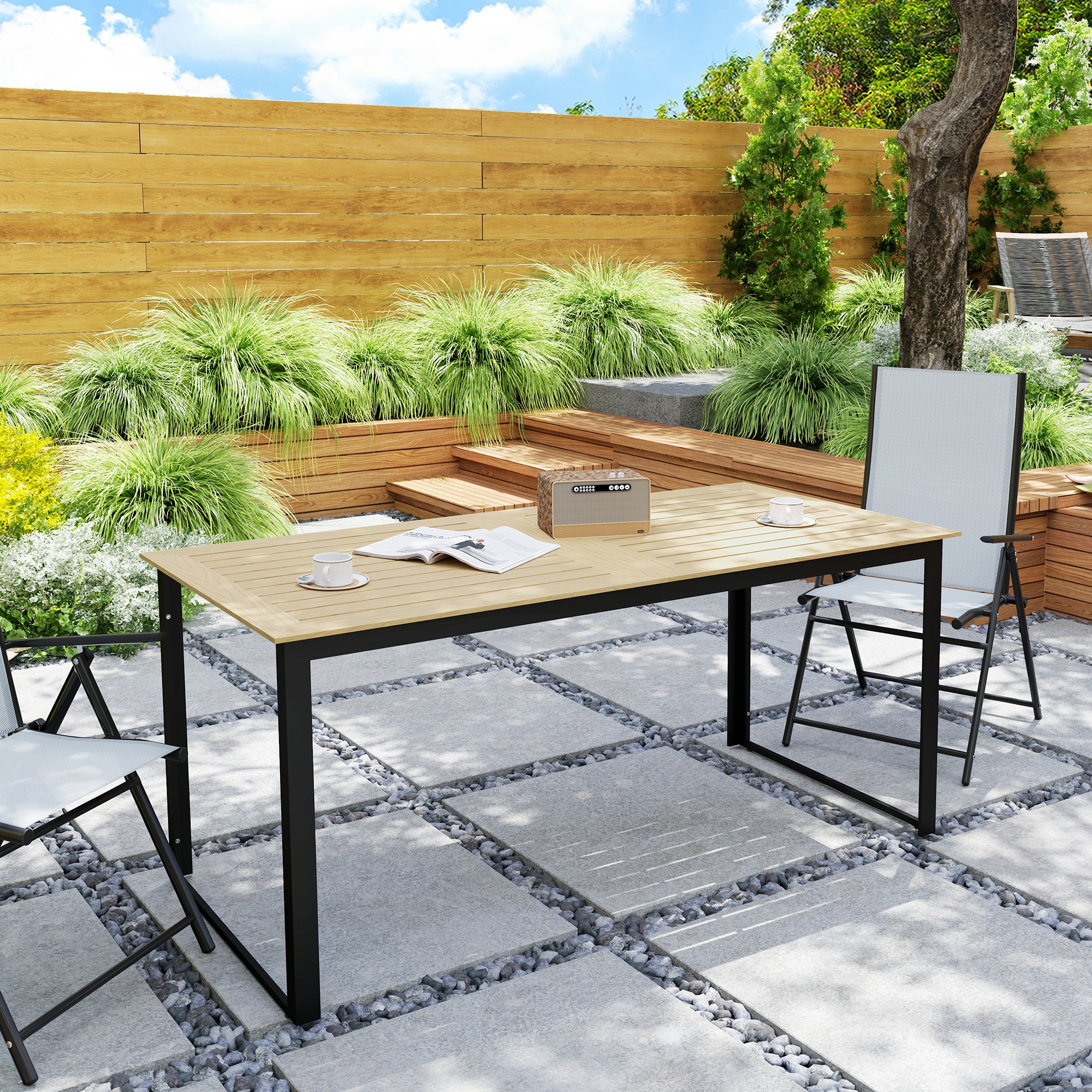 Outsunny Tuintafel Metaal 175x78 cm Weerbestendig Balkontafel met Houtlook, Anti-slip Eettafel Zwart