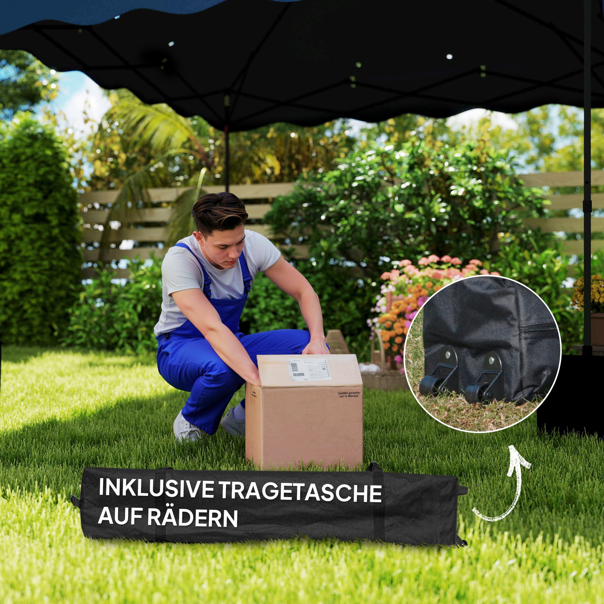Outsunny 3 x 3 m Pop-up Paviljoen, Hoogteaanpasbaar Tuinpaviljoen, met RolTas, voor Tuin, Terras, Metaal, Stof, Donkerblauw