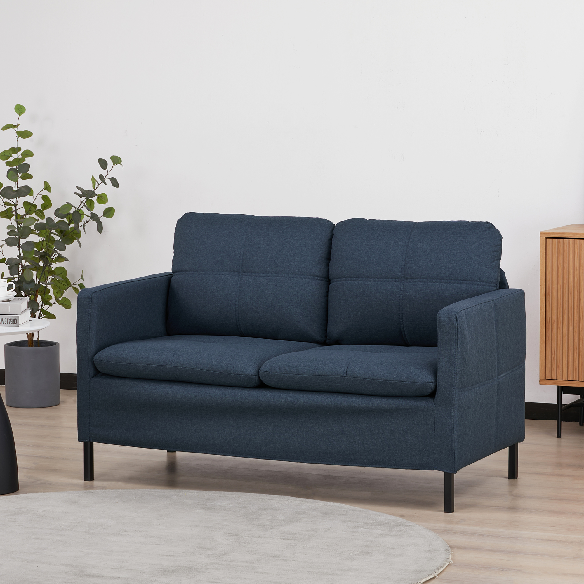 HOMCOM Tweezitsbank, Brede Armleuningen, Ademende Stof, Schuimvulling, 135 x 67 x 80 cm, Donkerblauw