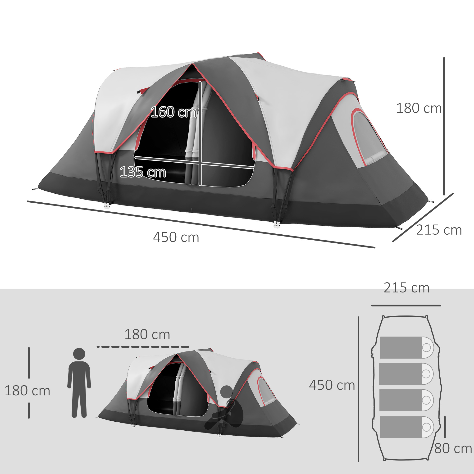 Outsunny Campingtent, 2 Kamers, Scheidingswand, voor 6 Personen, Regenbescherming, Grijs