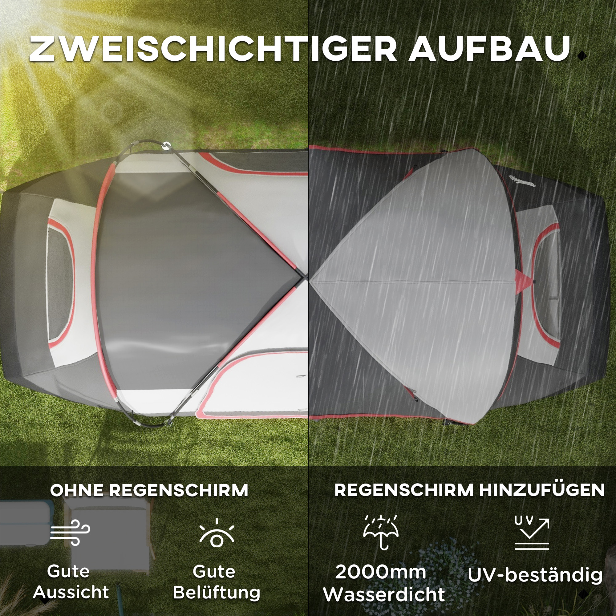 Outsunny Campingtent, 2 Kamers, Scheidingswand, voor 6 Personen, Regenbescherming, Grijs