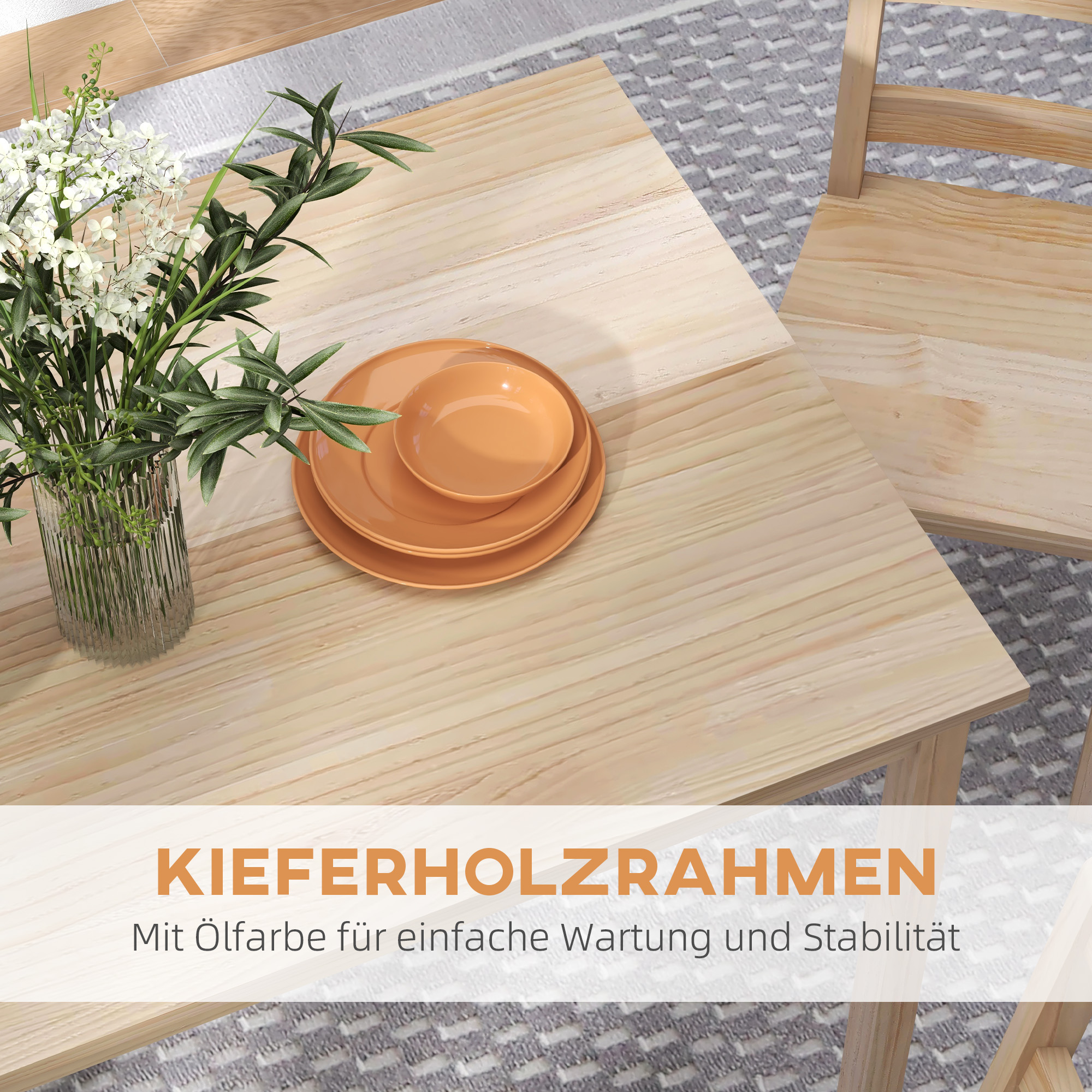 HOMCOM 5-delige Eetgroep Eettafel met Stoelen Zitgroep, Massief Hout, 118 cm x 73 cm x 75 cm, Natuur