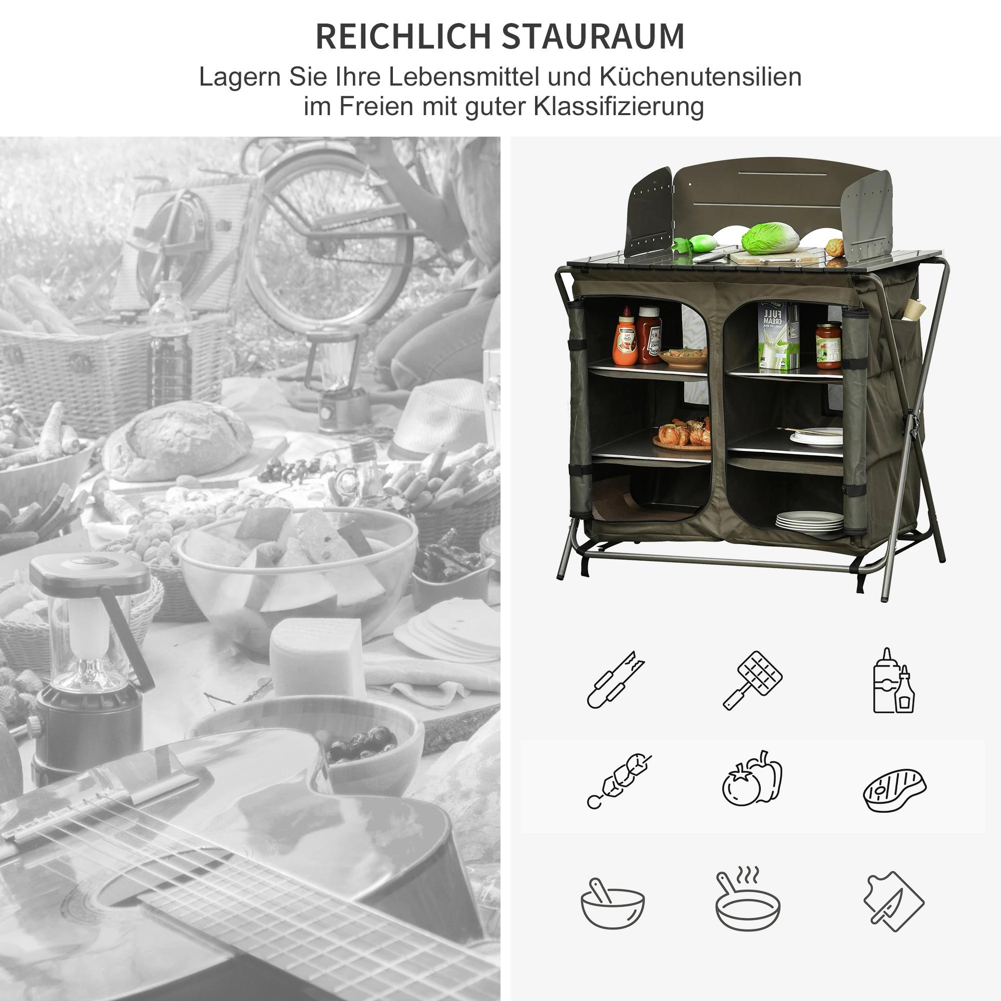 Outsunny camping kast keukendoos draagtas windscherm draagtas staal 600D Oxford stof groen 57 x 94 x 109 cm