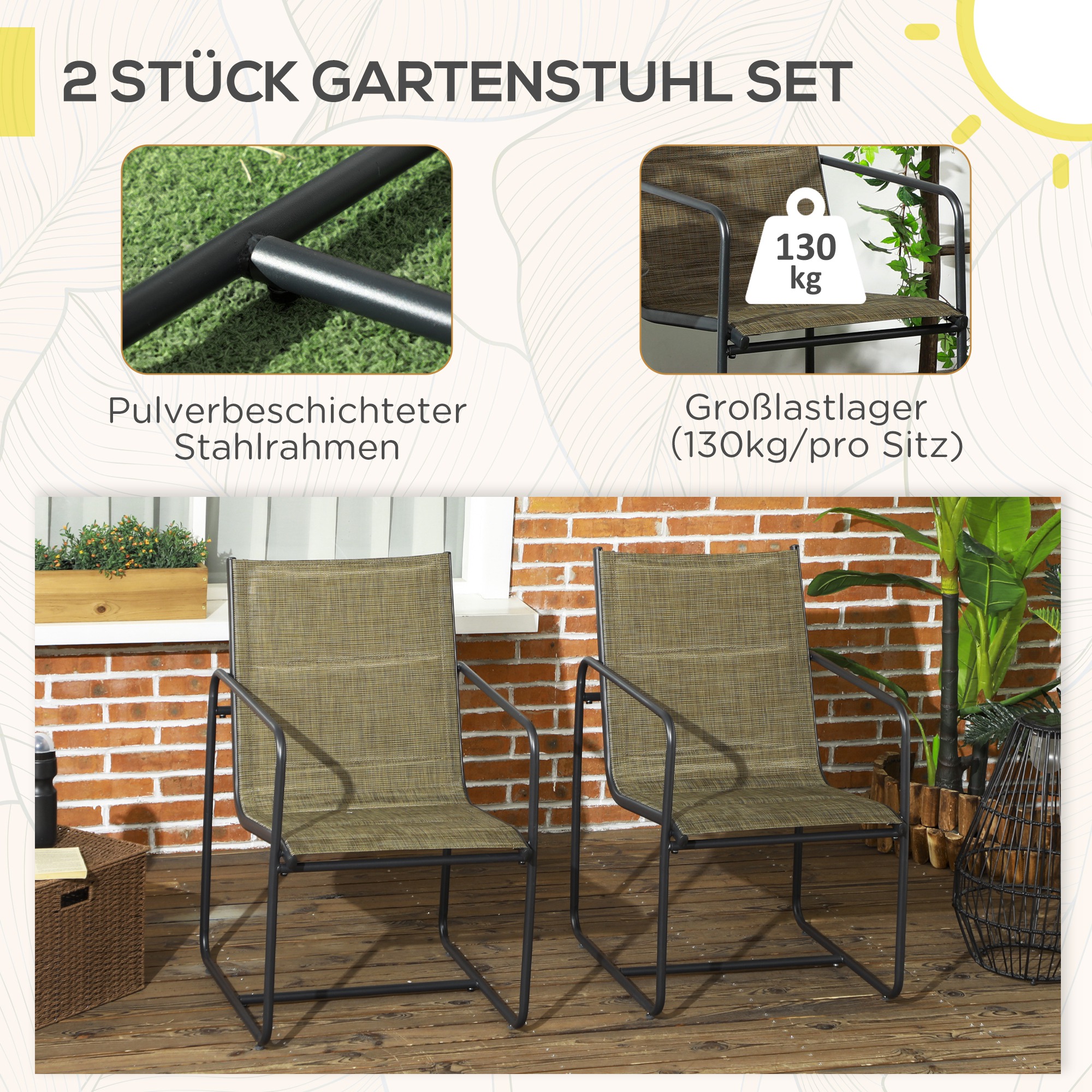 Outsunny Tuinstoel, 2-delige set, ademende bekleding, stevig metalen frame, 54x66,5x88cm, Zwart/Bruin