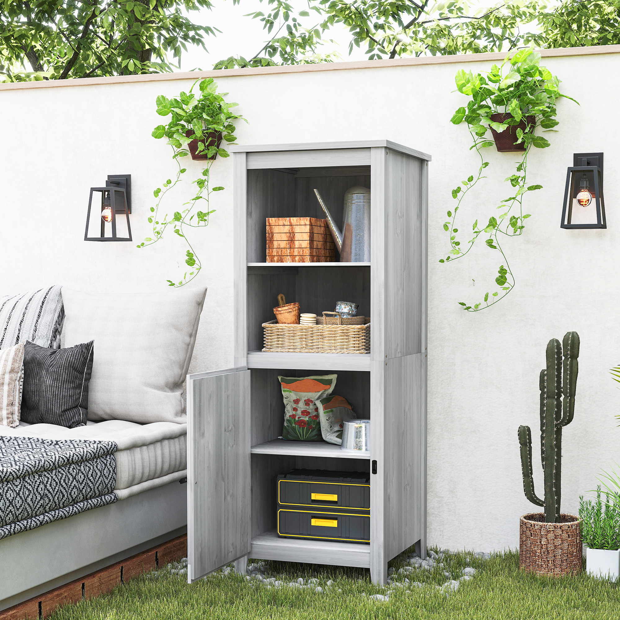 Outsunny Tuinschuur met Schuurdeur, Verstelbare Planken, Slank Ontwerp, Dennenhout, Lichtgrijs