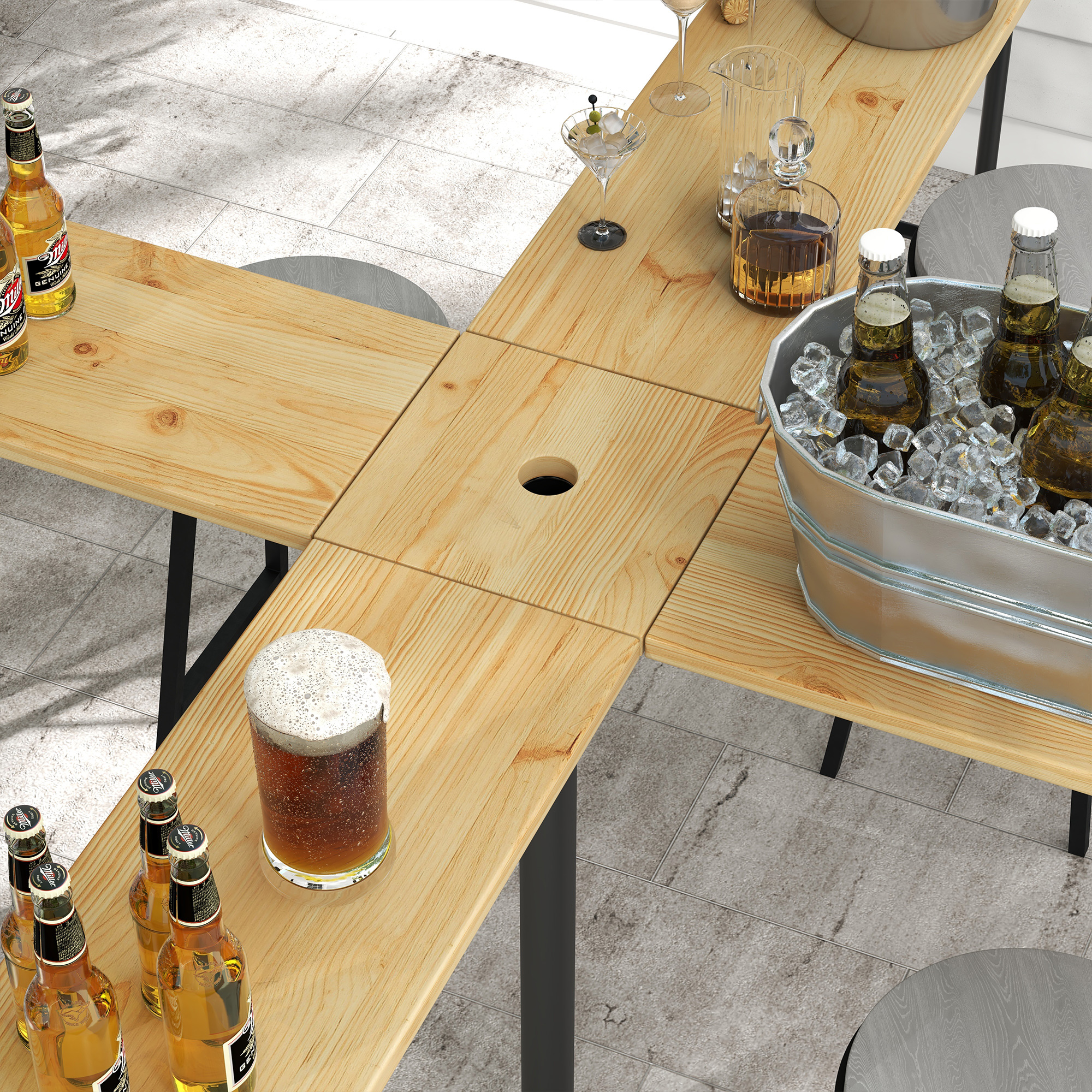 Outsunny Picknicktafel, Opvouwbare Buitentafel, voor 20 Personen, Weerbestendig, Metaal, Grenenhout, 2,4x2,4x1m, Natuur/Zwart