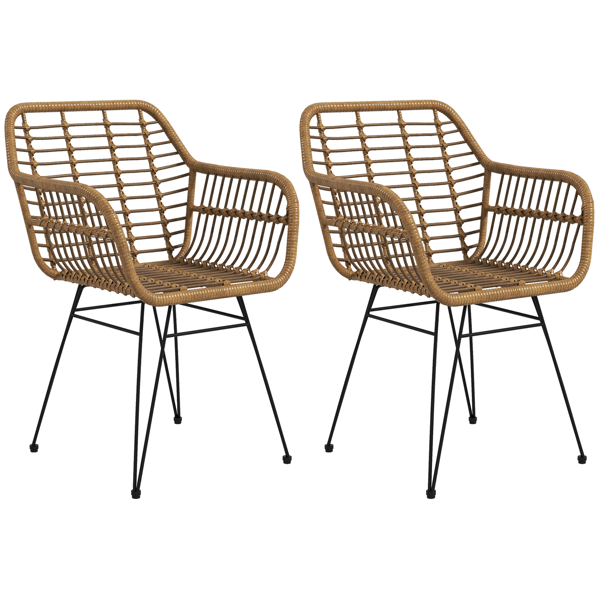 HOMCOM Set van 2 Boho-Stijl Stoelen, Keukenstoelen, PE-Rattan, 56 x 60 x 79 cm, Natuurlijk + Zwart