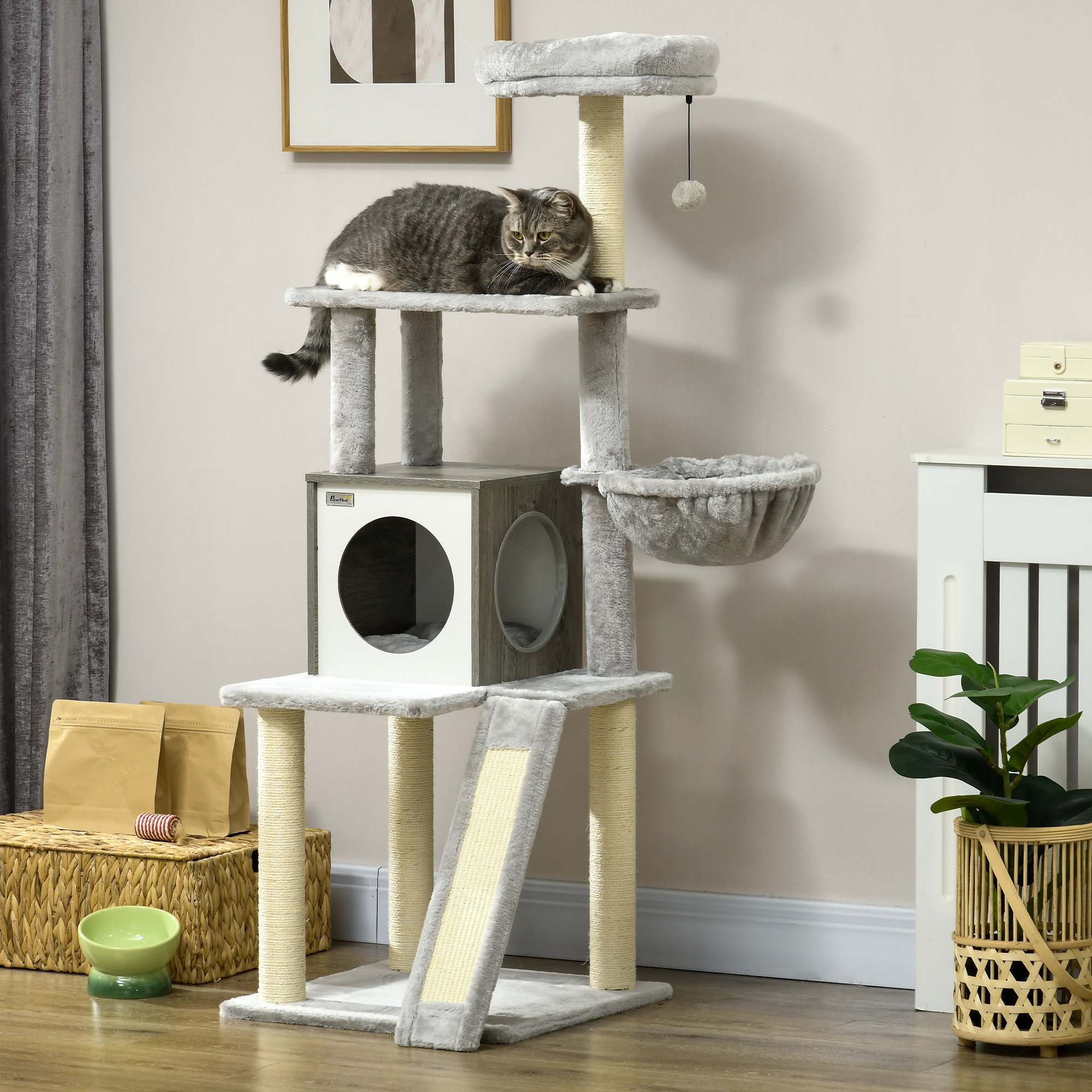 PawHut Krabpaal met kattenhol. Kattenboom, 1 kattenhol, 1 hangmat, 1 kattenbed, 1 ligplaats, natuur + wit + grijs