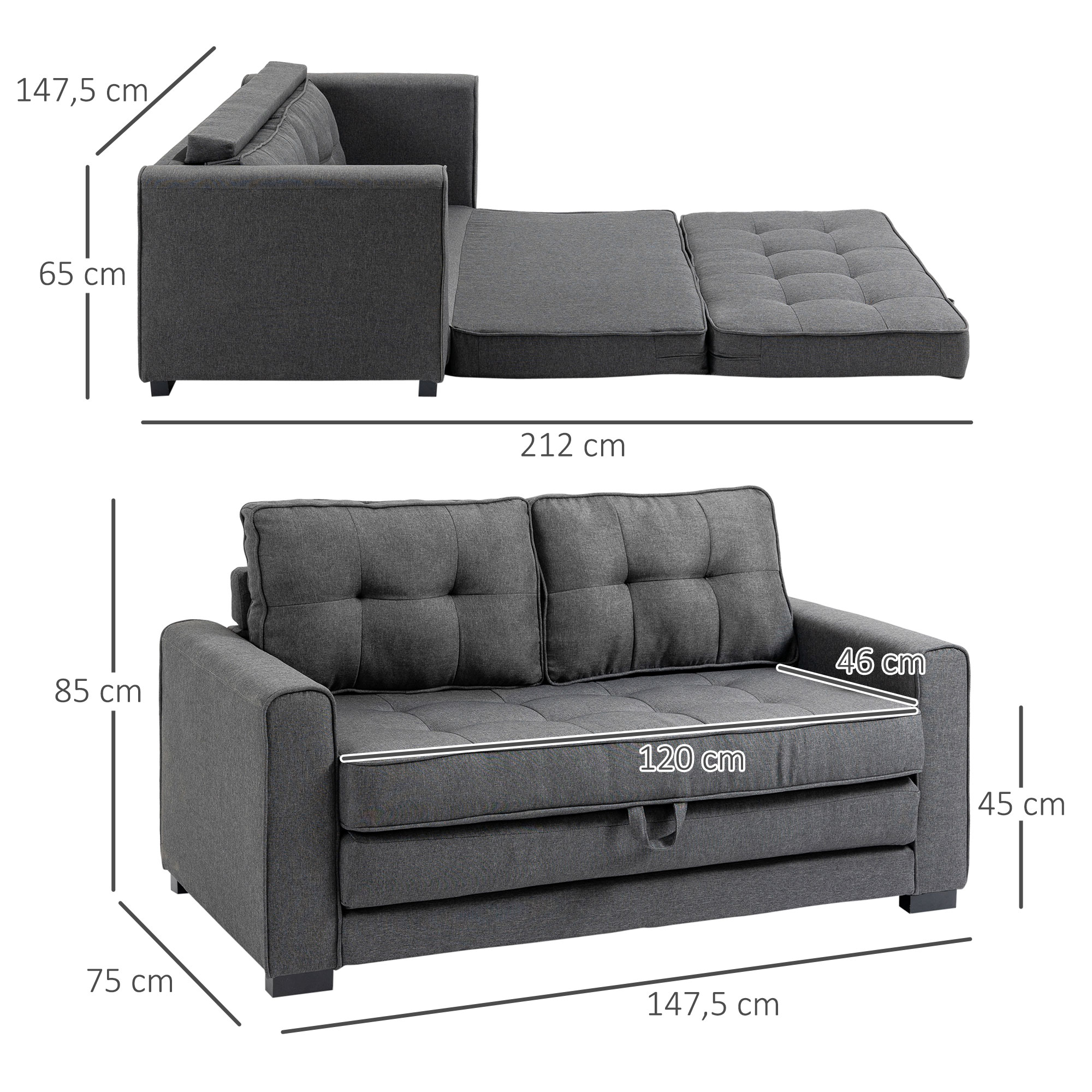 HOMCOM Multifunctionele Slaapbank Grijs | Comfortabele 2-Zits Sofa met Slaapfunctie | Ideaal voor Kleine Ruimtes