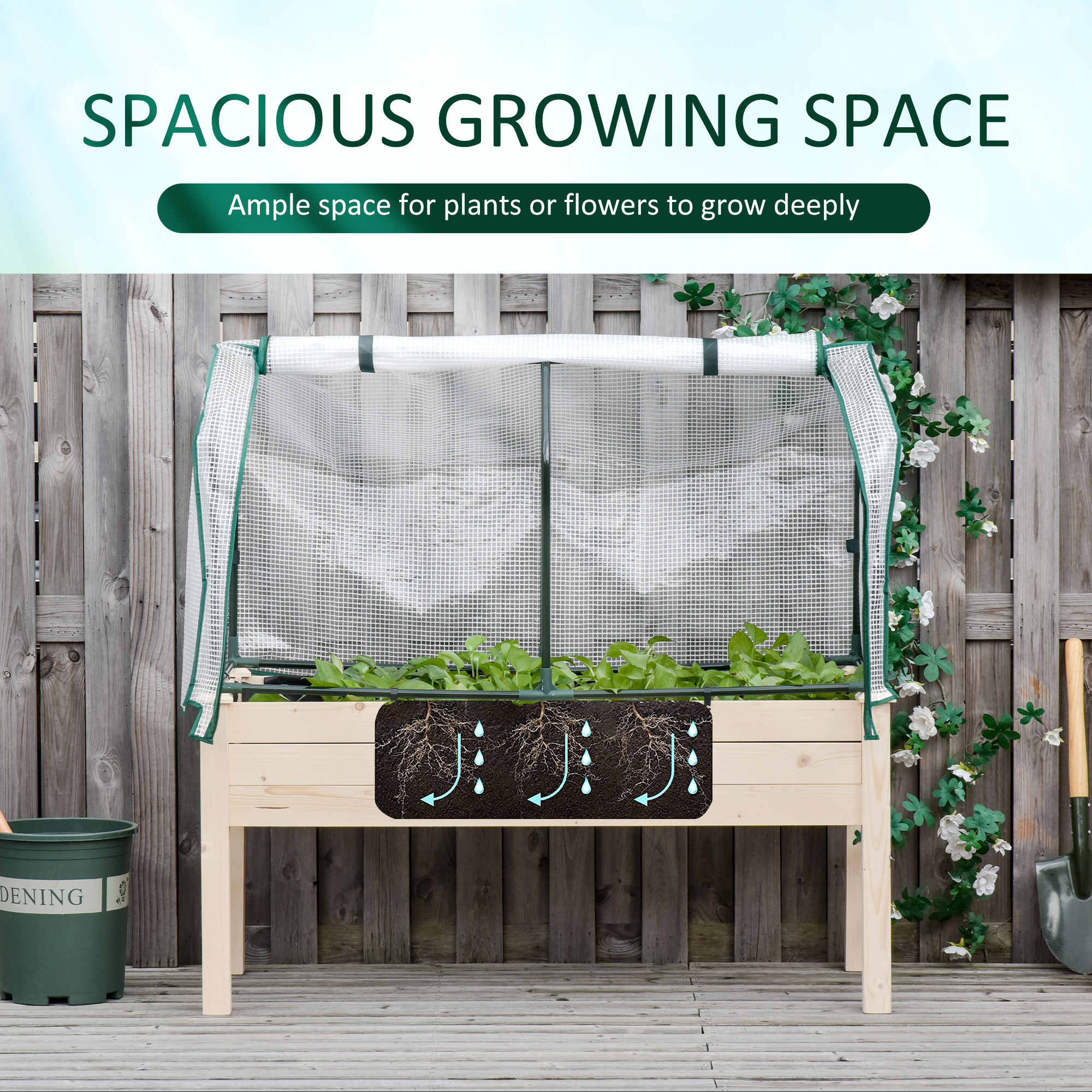 Outsunny Verhoogd Bed, Oprolbare Folieafdekking, Natuurlijk Houten Frame, Stofvoering, Afvoeropeningen, 121 x 55 x 117cm