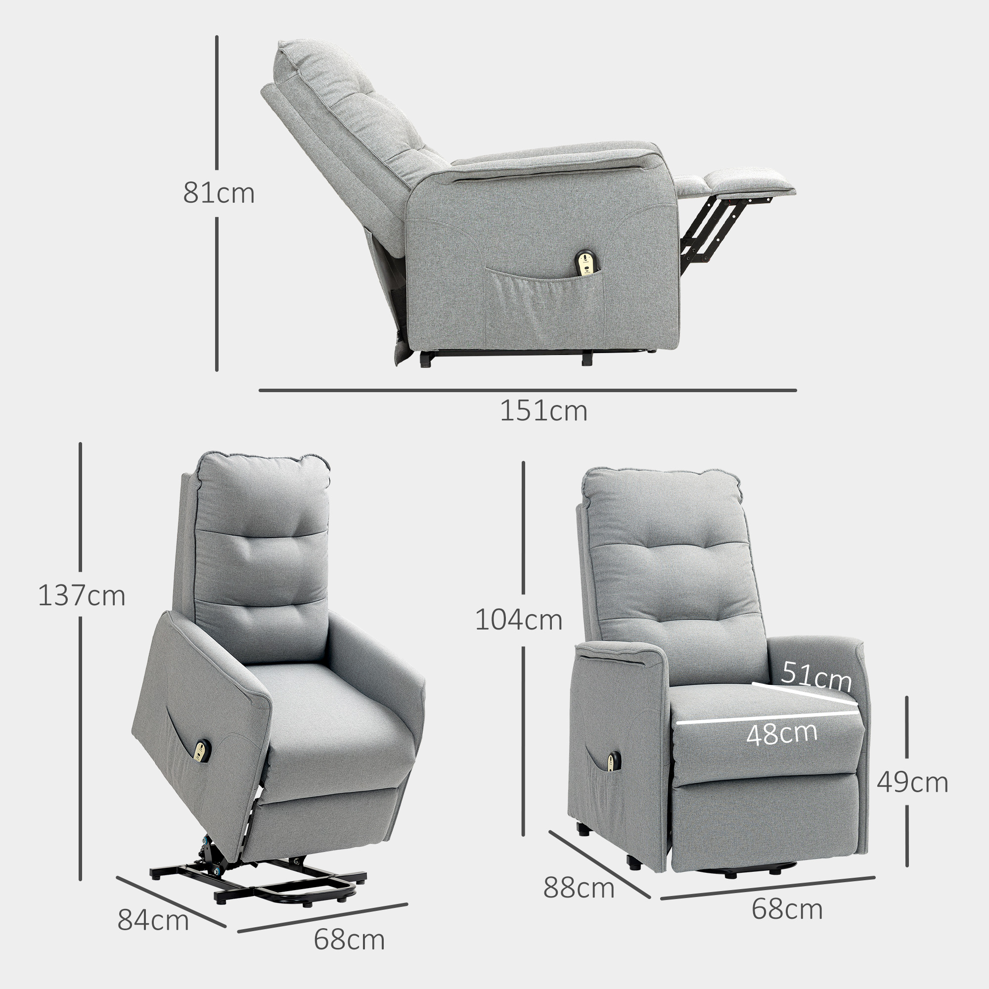 HOMCOM Opsta-fauteuil, Relaxfauteuil met Elektrische Opstahulp, met Afstandsbediening, Zijvak, Grijs