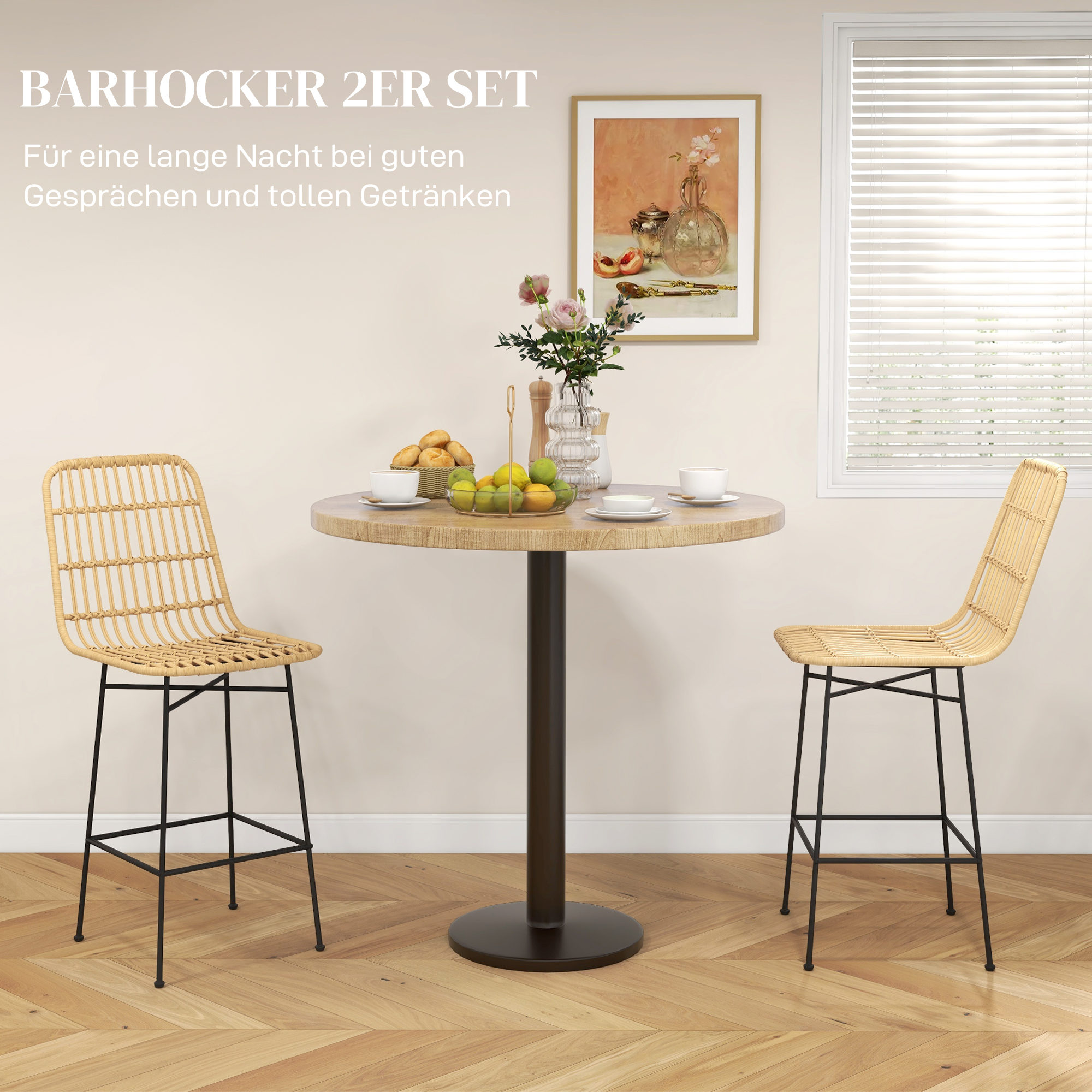 HOMCOM Barkruk Barstoel, Boho-stijl, PE-rattan, 45 x 53,5 x 105 cm, Natuur + Zwart
