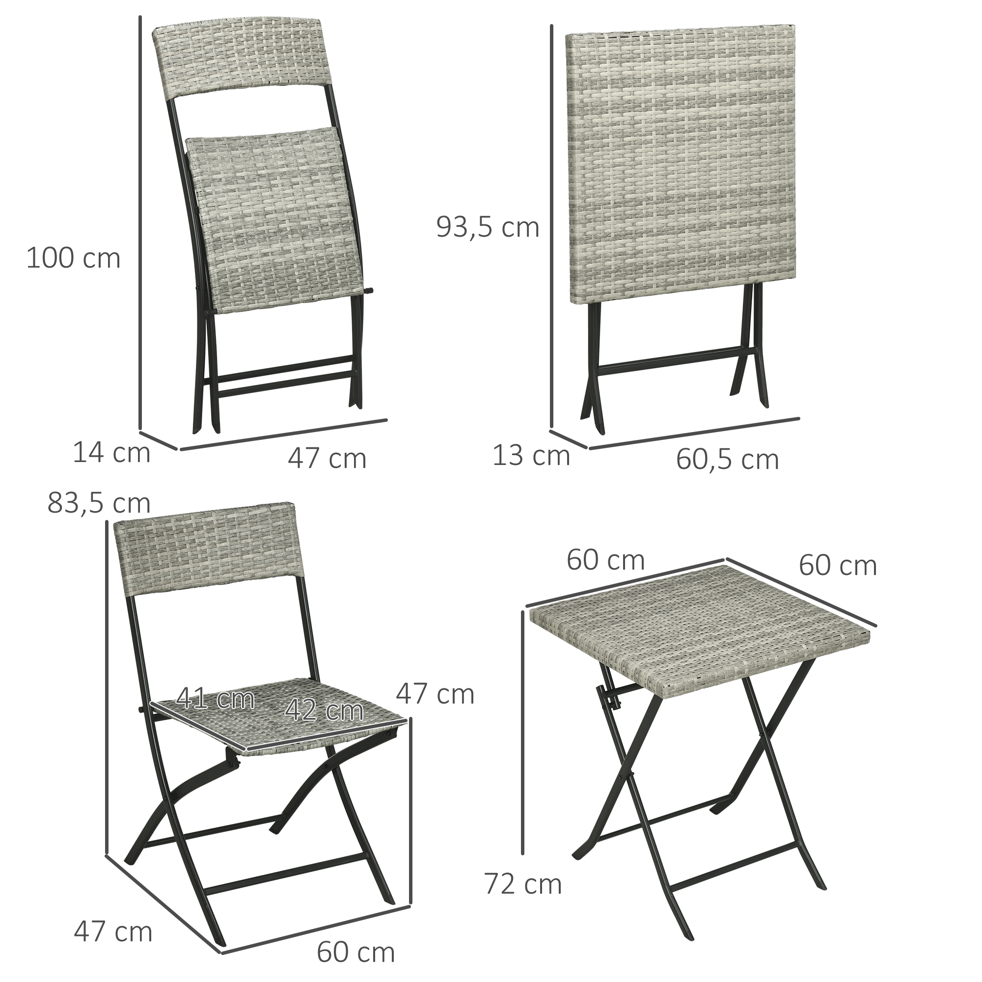 Outsunny Driedelige tuinmeubelset, 2 klapstoelen, 1 klaptafel, rotanlook, metalen frame, lichtgrijs