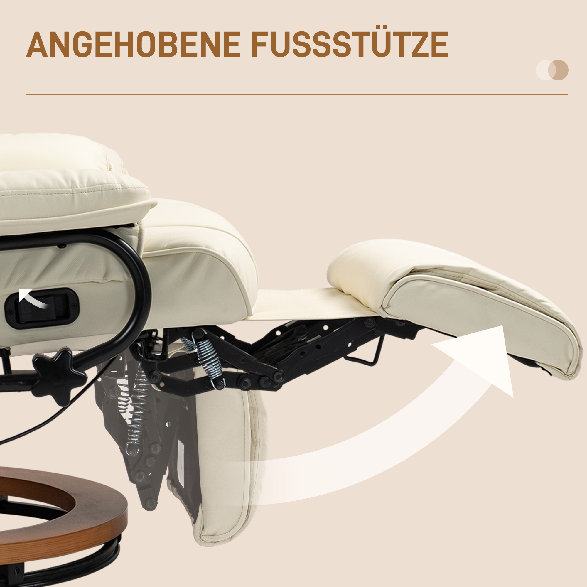 HOMCOM Relaxstoel met Ligfunctie, Draaibaar, tot 150 kg, Kunstleerbekleding, Stalen Frame, Crèmewit
