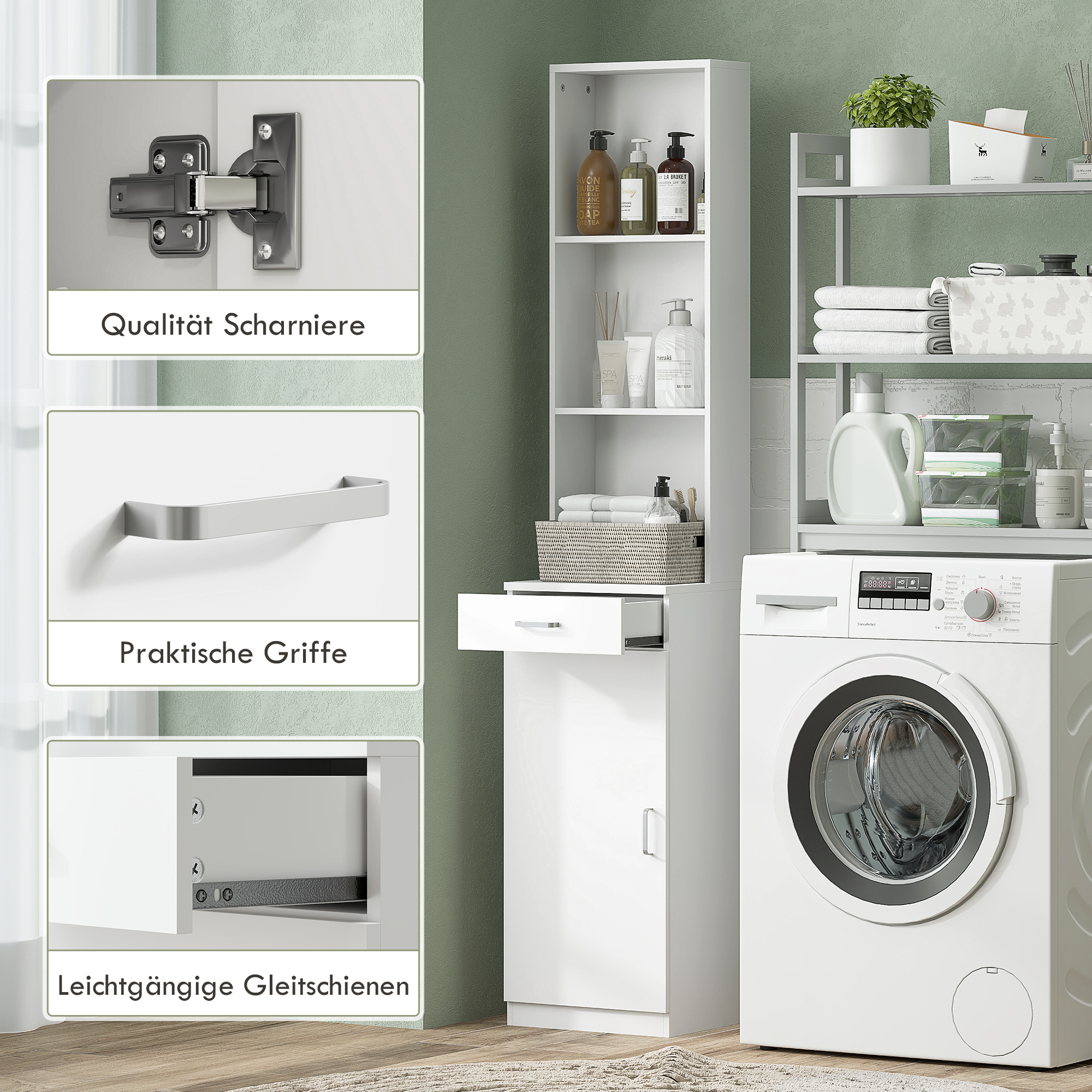 HOMCOM Hoge Badkamerkast, Smal Ontwerp, Lade, Schappen, Kast, Spaanplaat, Wit