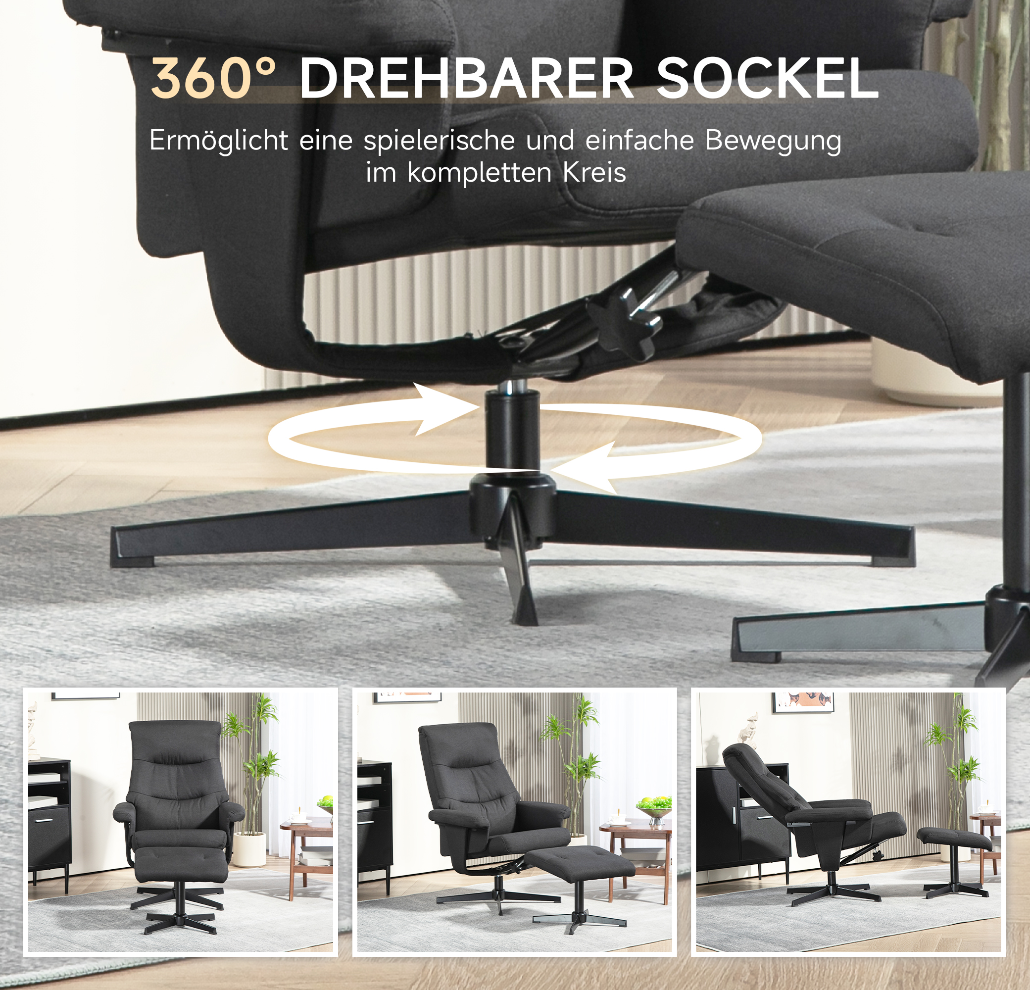 HOMCOM Draaibare Ligstoel met Voetenbank, Kantelfunctie, in Fluweel Look, Tot 150 kg, Zwart