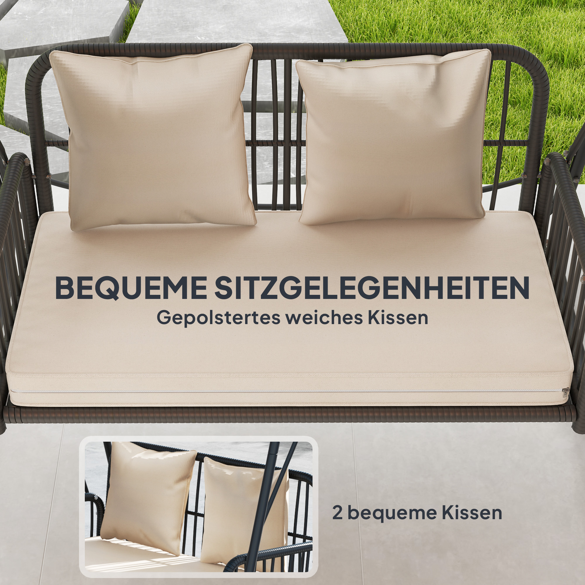 Outsunny Rattan Hollywoodschommel voor 2 Personen met Zonnedak en Kussens, Belastbaar tot 240 kg, 149 x 121 x 180 cm, Khaki