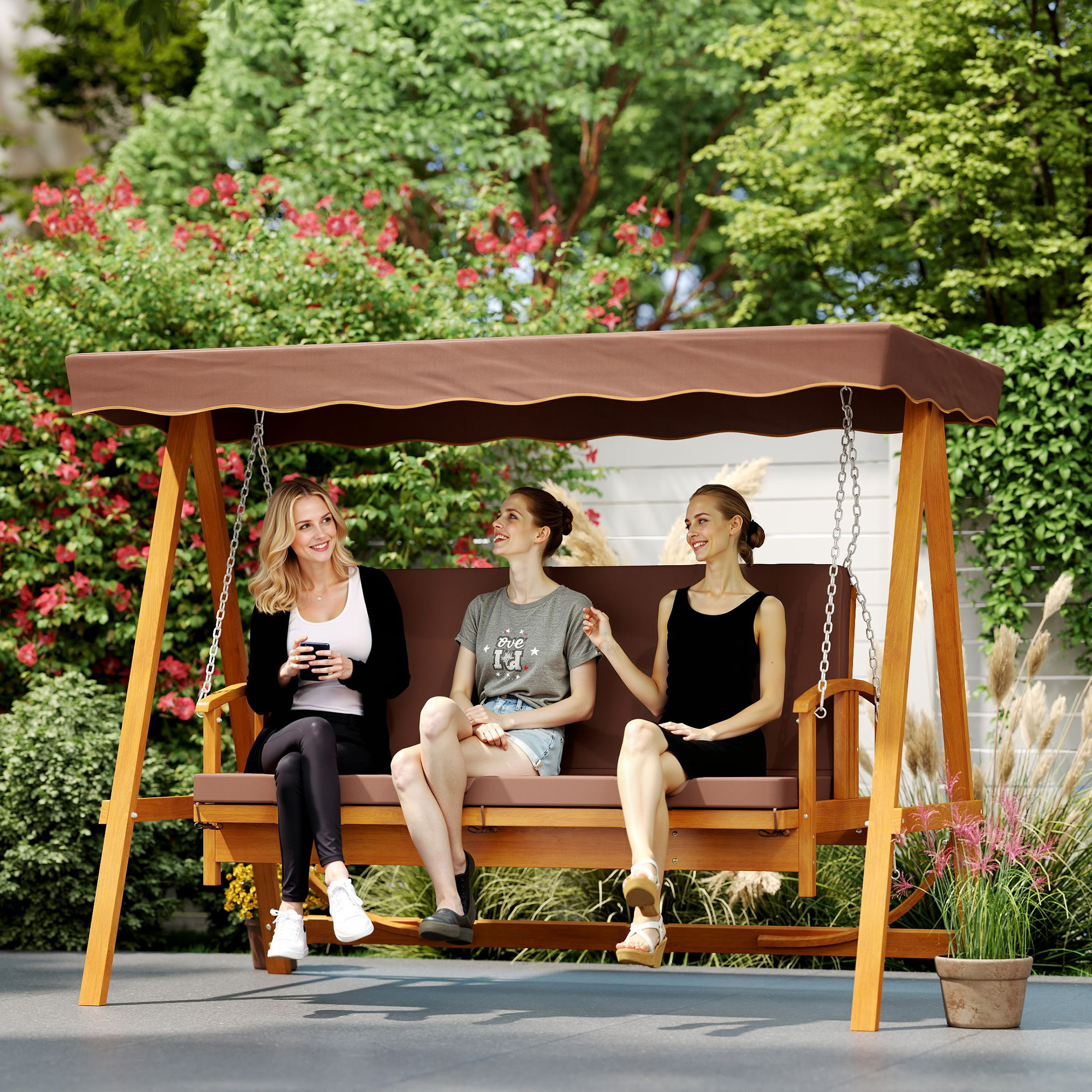 Outsunny Hollywoodschommel met Zonnedak, Echthouten Tuinschommel, Schommelbank met Ligfunctie, Voor 3 Personen, Bruin